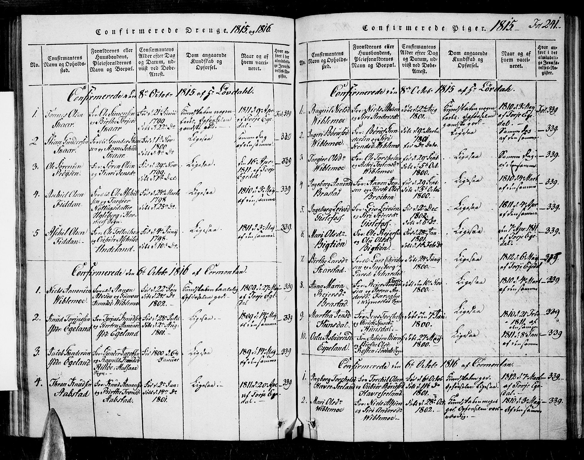 Nord-Audnedal sokneprestkontor, SAK/1111-0032/F/Fa/Faa/L0001: Parish register (official) no. A 1, 1815-1856, p. 241