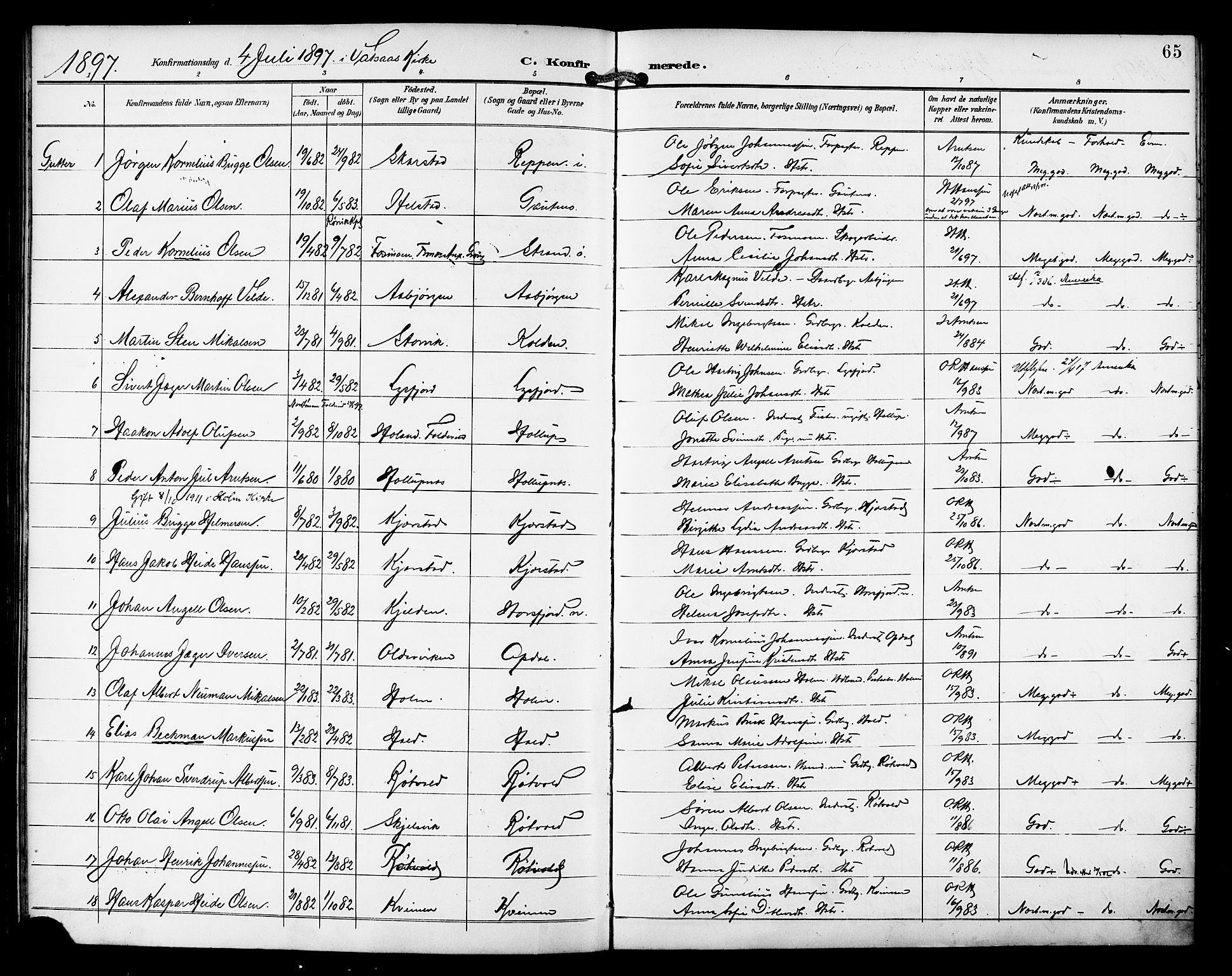 Ministerialprotokoller, klokkerbøker og fødselsregistre - Nordland, AV/SAT-A-1459/810/L0152: Parish register (official) no. 810A11, 1895-1899, p. 65