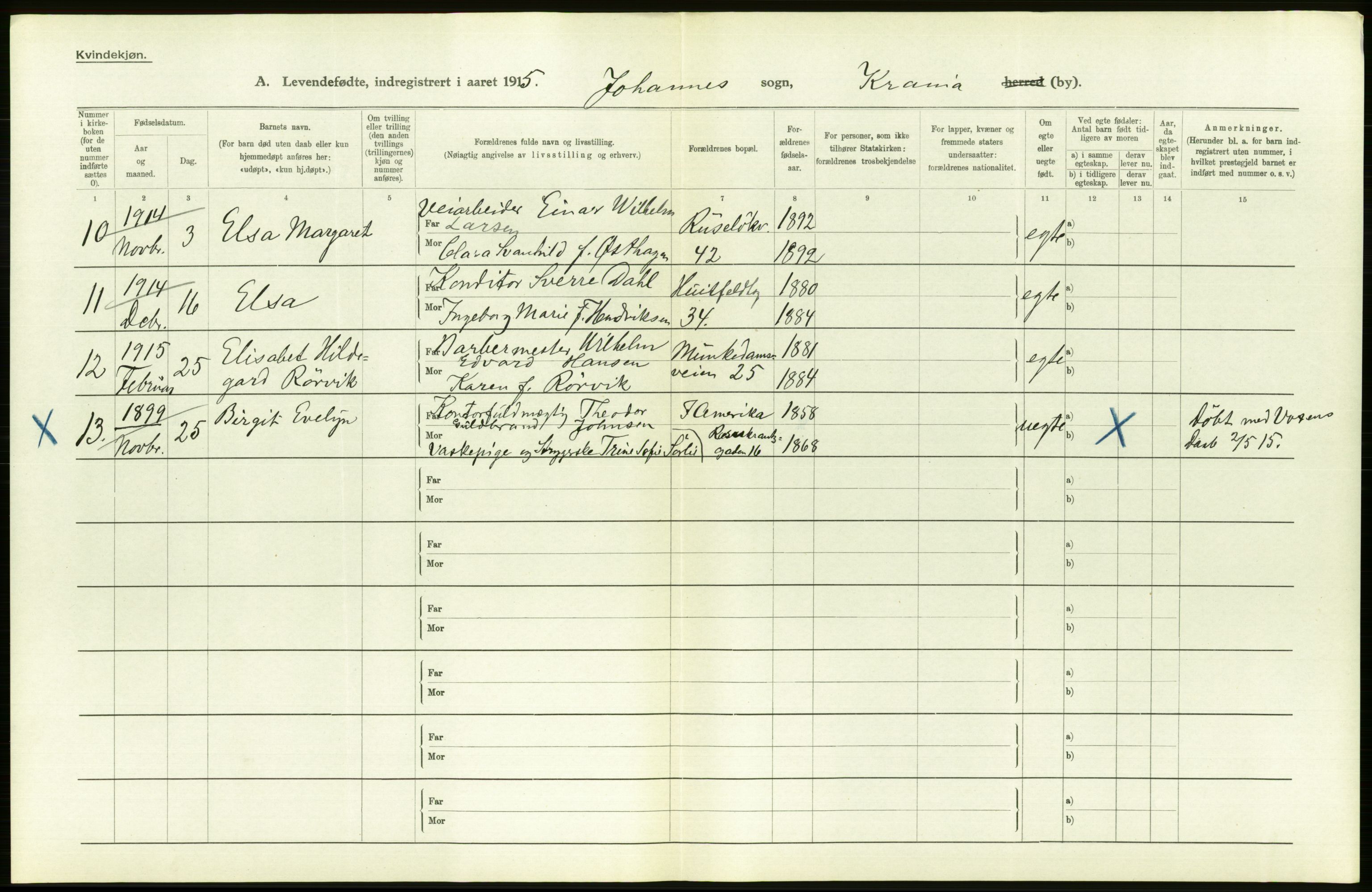 Statistisk sentralbyrå, Sosiodemografiske emner, Befolkning, AV/RA-S-2228/D/Df/Dfb/Dfbe/L0007: Kristiania: Levendefødte menn og kvinner., 1915, p. 496