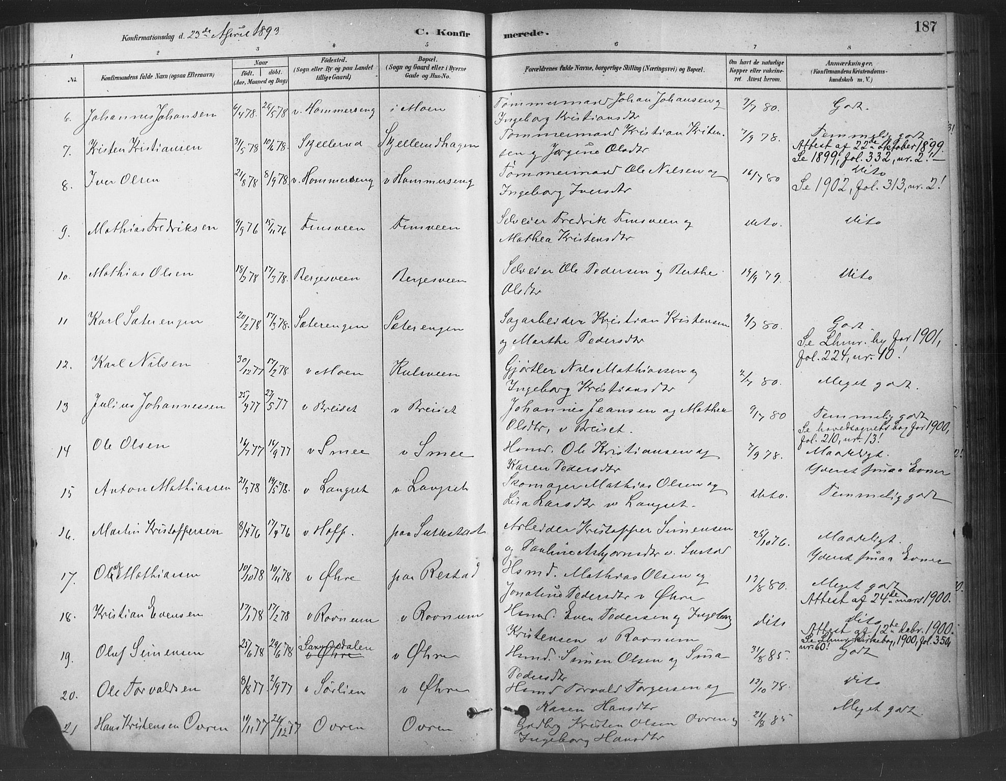 Fåberg prestekontor, SAH/PREST-086/H/Ha/Haa/L0009: Parish register (official) no. 9, 1879-1898, p. 187