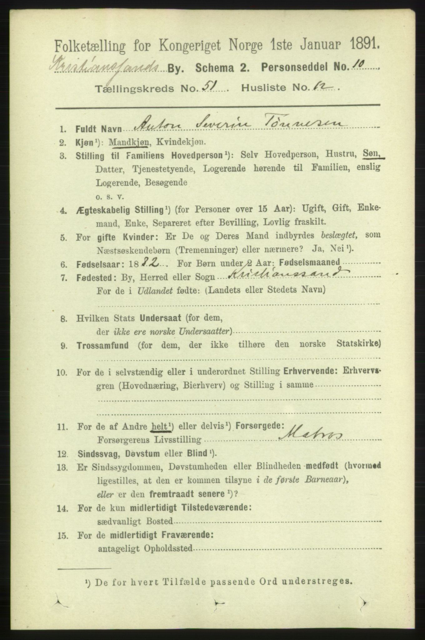 RA, 1891 census for 1001 Kristiansand, 1891, p. 15133