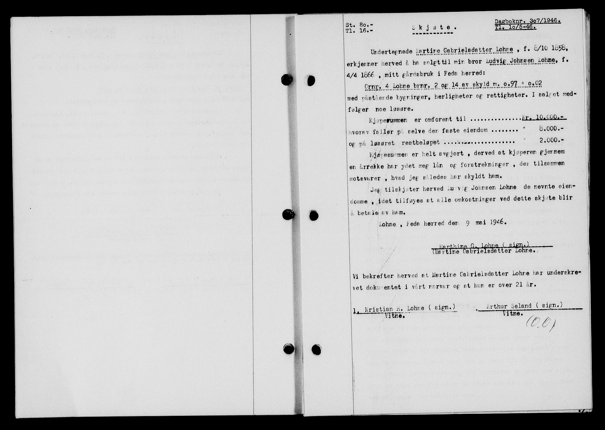 Flekkefjord sorenskriveri, AV/SAK-1221-0001/G/Gb/Gba/L0060: Mortgage book no. A-8, 1945-1946, Diary no: : 307/1946