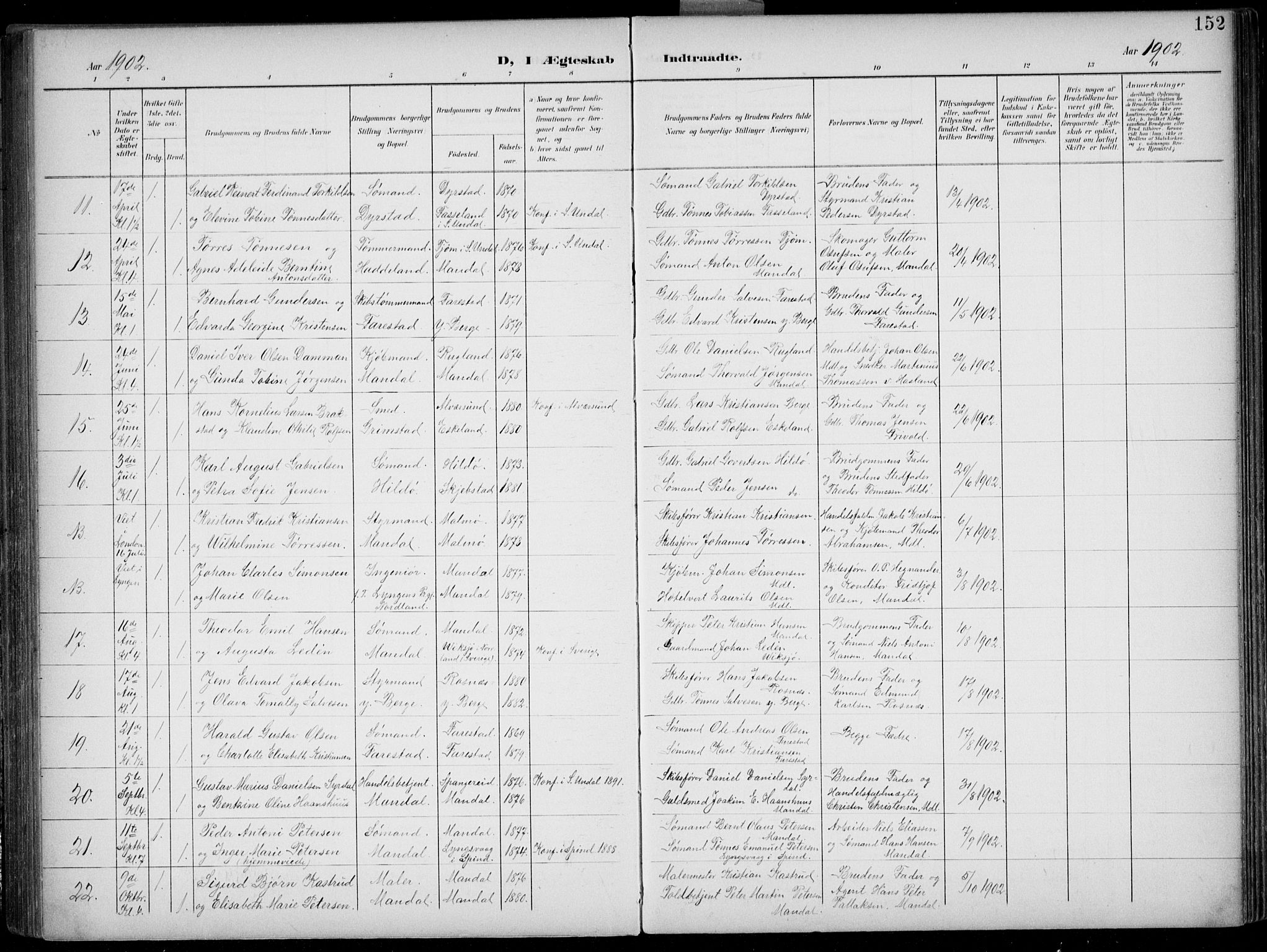 Mandal sokneprestkontor, AV/SAK-1111-0030/F/Fb/Fba/L0012: Parish register (copy) no. B 6, 1899-1918, p. 152