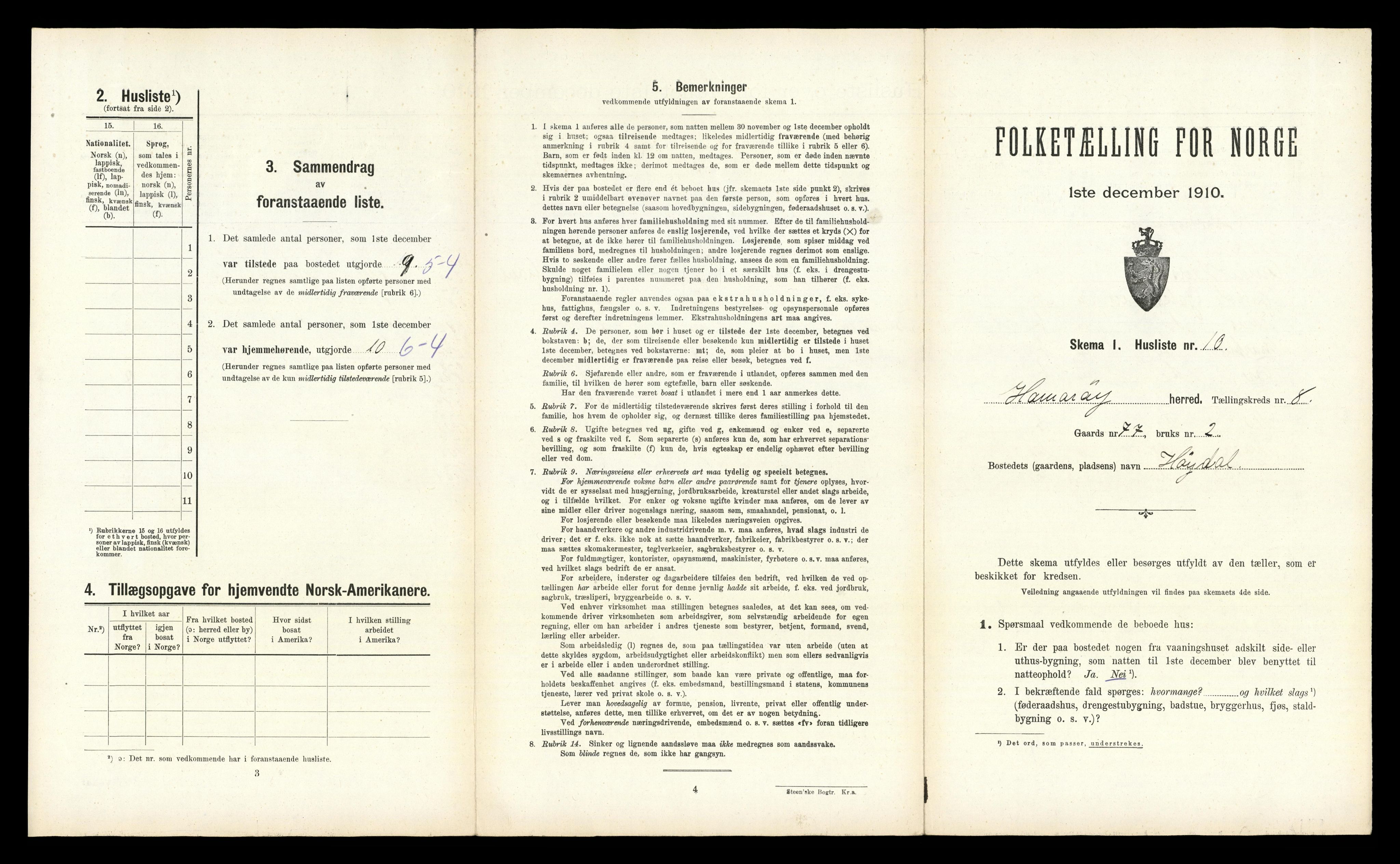 RA, 1910 census for Hamarøy, 1910, p. 850