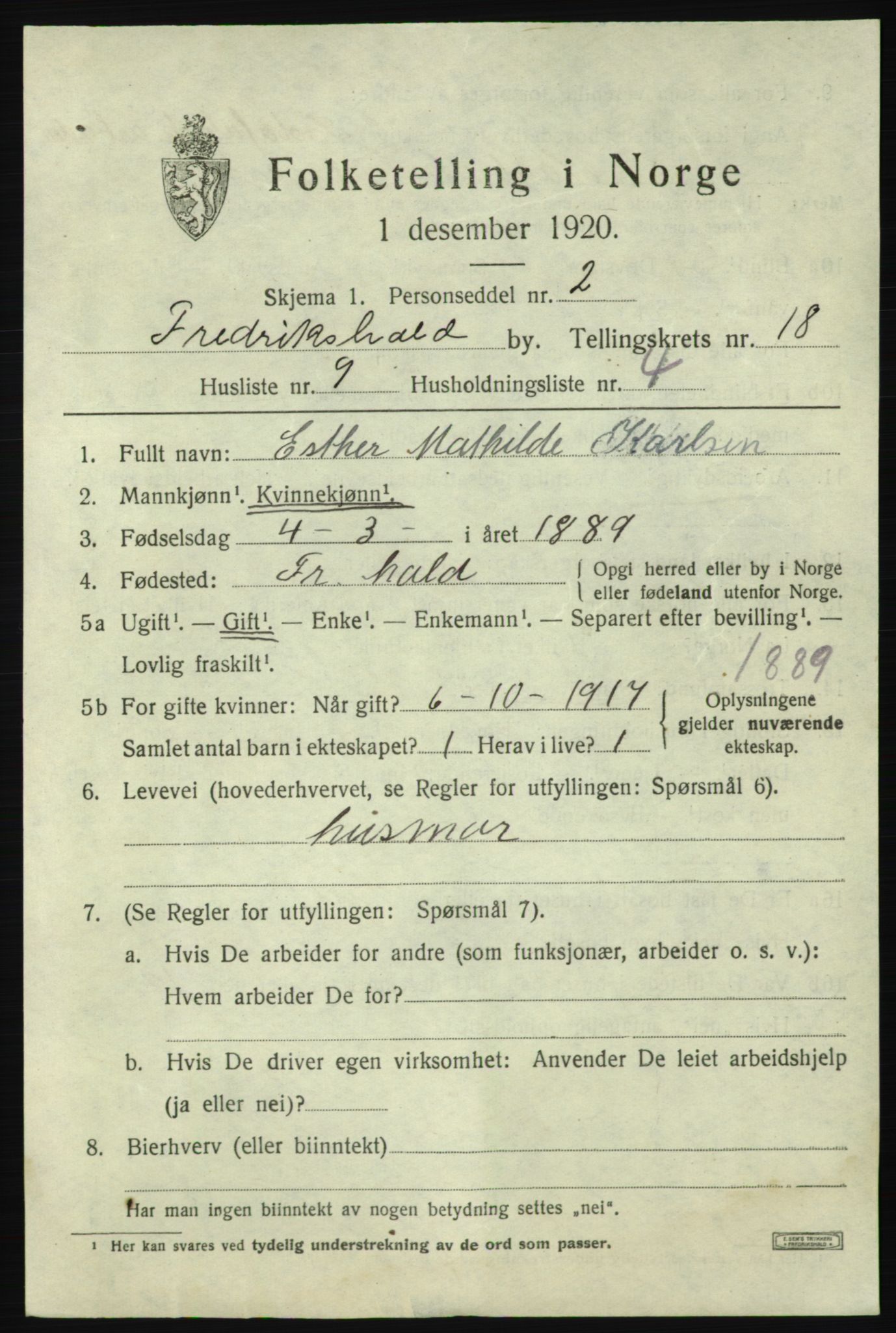 SAO, 1920 census for Fredrikshald, 1920, p. 27291