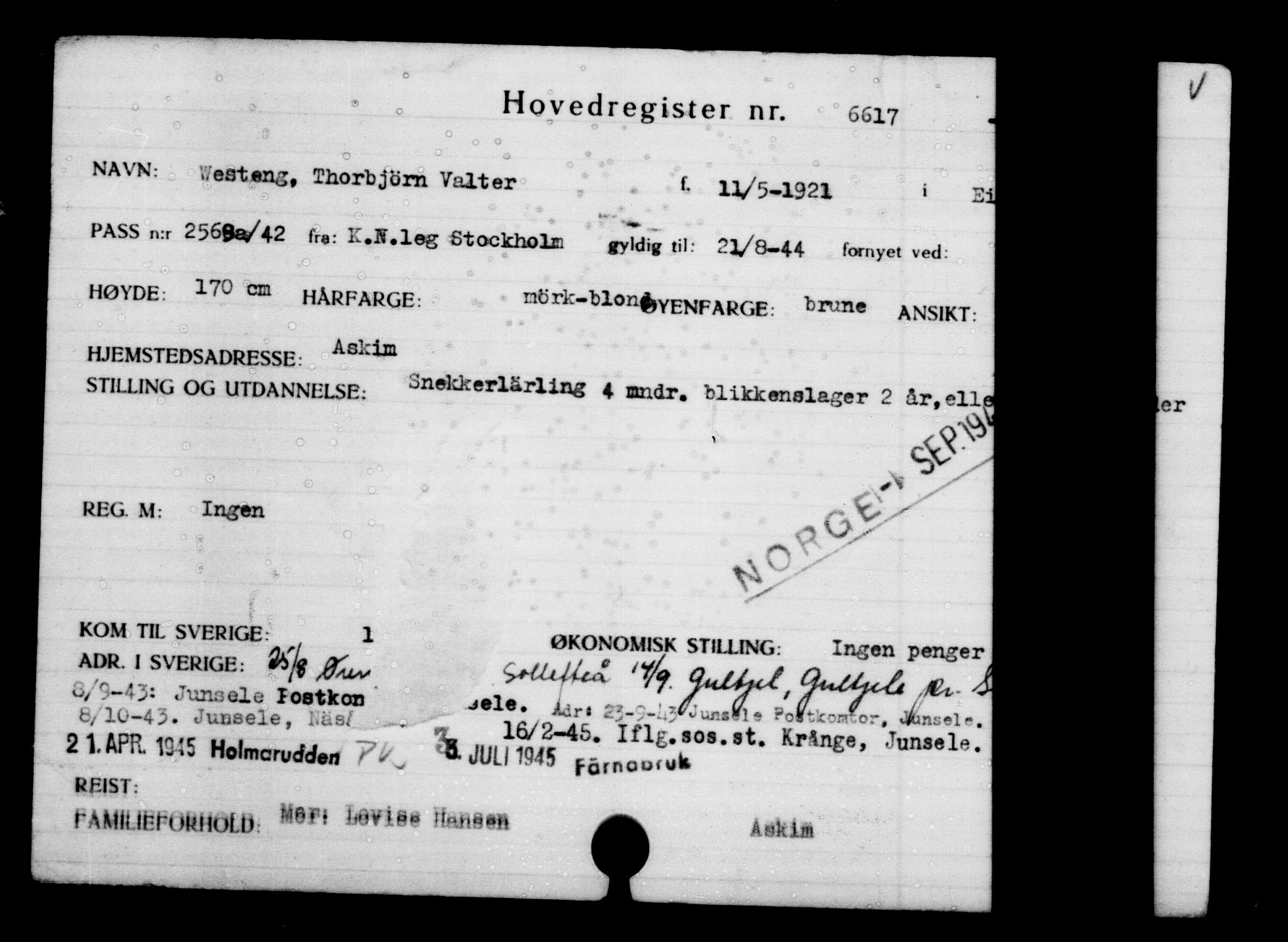 Utenriksstasjonene, Legasjonen i Stockholm, Flyktningkontoret, AV/RA-S-6753/V/Va/L0005: Kjesäterkartoteket, flyktninger med registreringsnr. 6600-9417, 1940-1945, p. 26