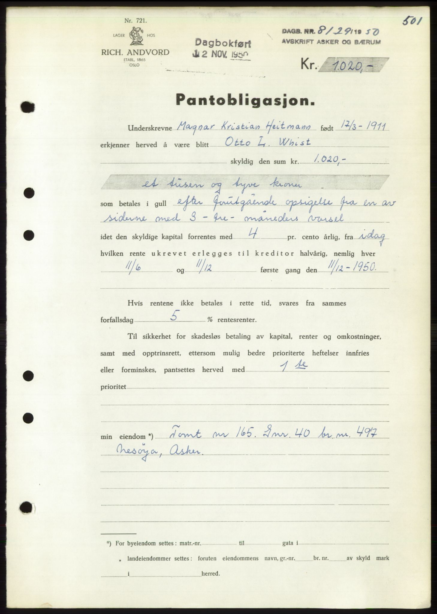 Asker og Bærum sorenskriveri, AV/SAO-A-10379a/G/Gb/Gbb/L0012: Mortgage book no. B97, 1950-1950, Diary no: : 8129/1950