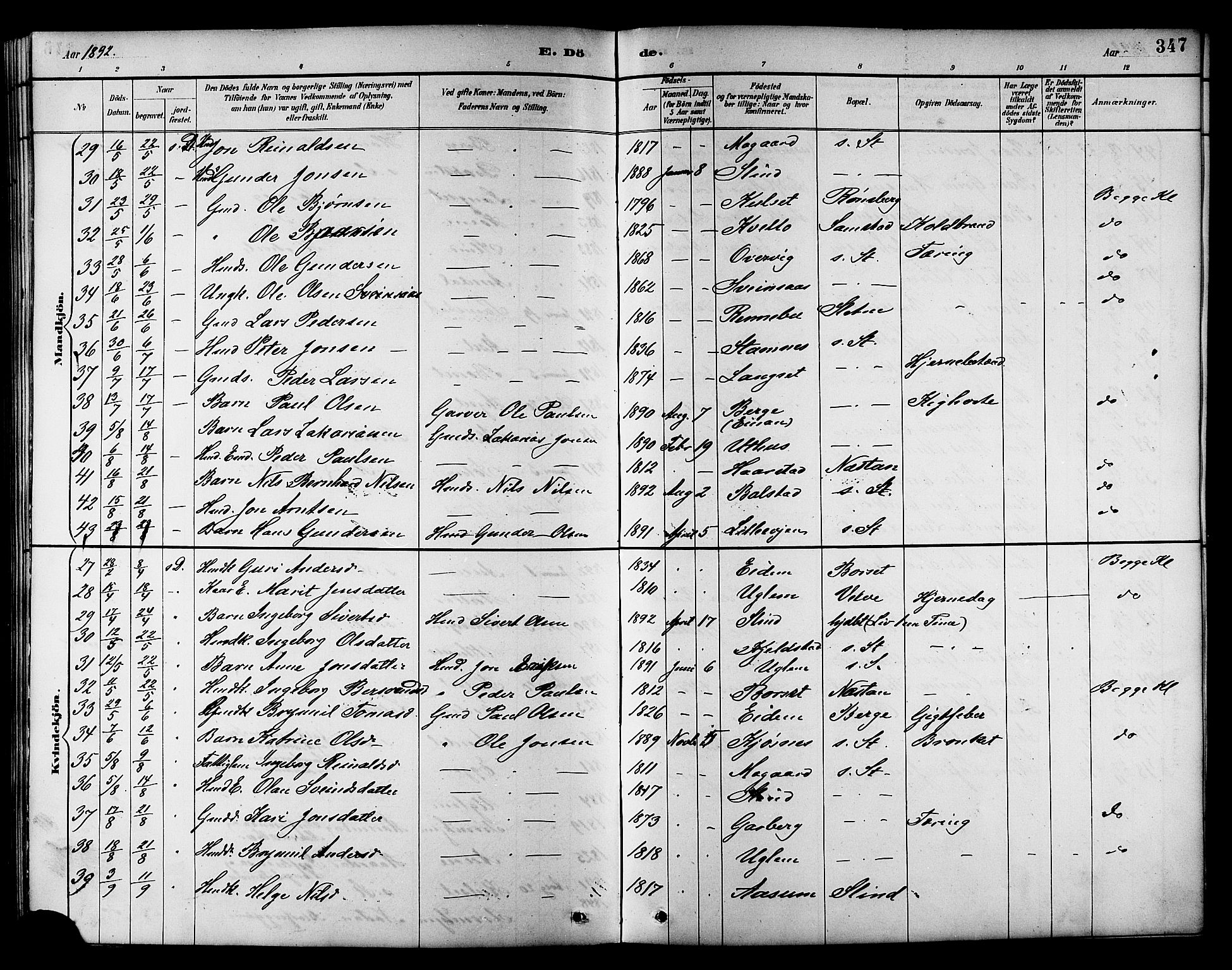 Ministerialprotokoller, klokkerbøker og fødselsregistre - Sør-Trøndelag, AV/SAT-A-1456/695/L1157: Parish register (copy) no. 695C08, 1889-1913, p. 347