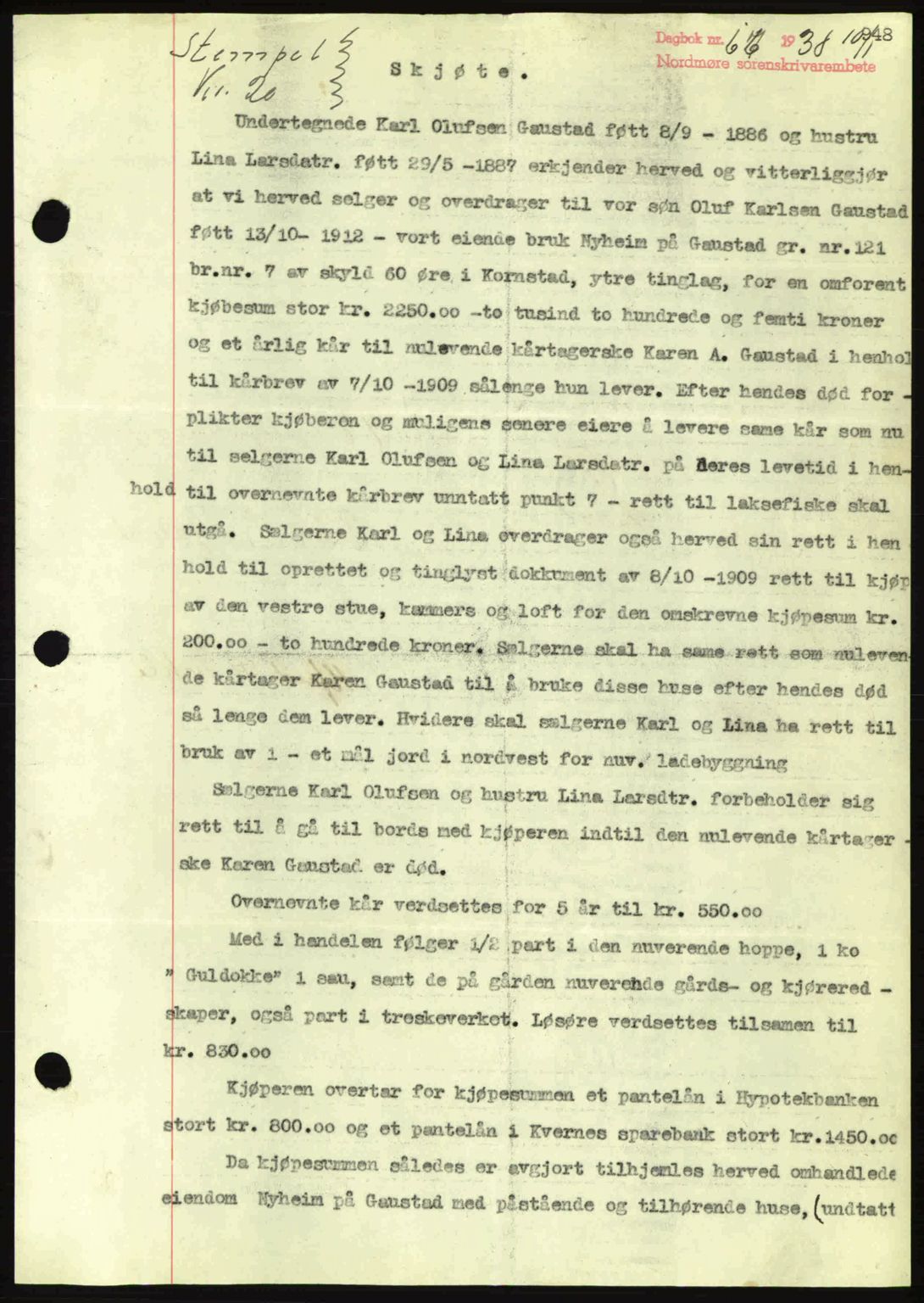Nordmøre sorenskriveri, SAT/A-4132/1/2/2Ca: Mortgage book no. A82, 1937-1938, Diary no: : 66/1938
