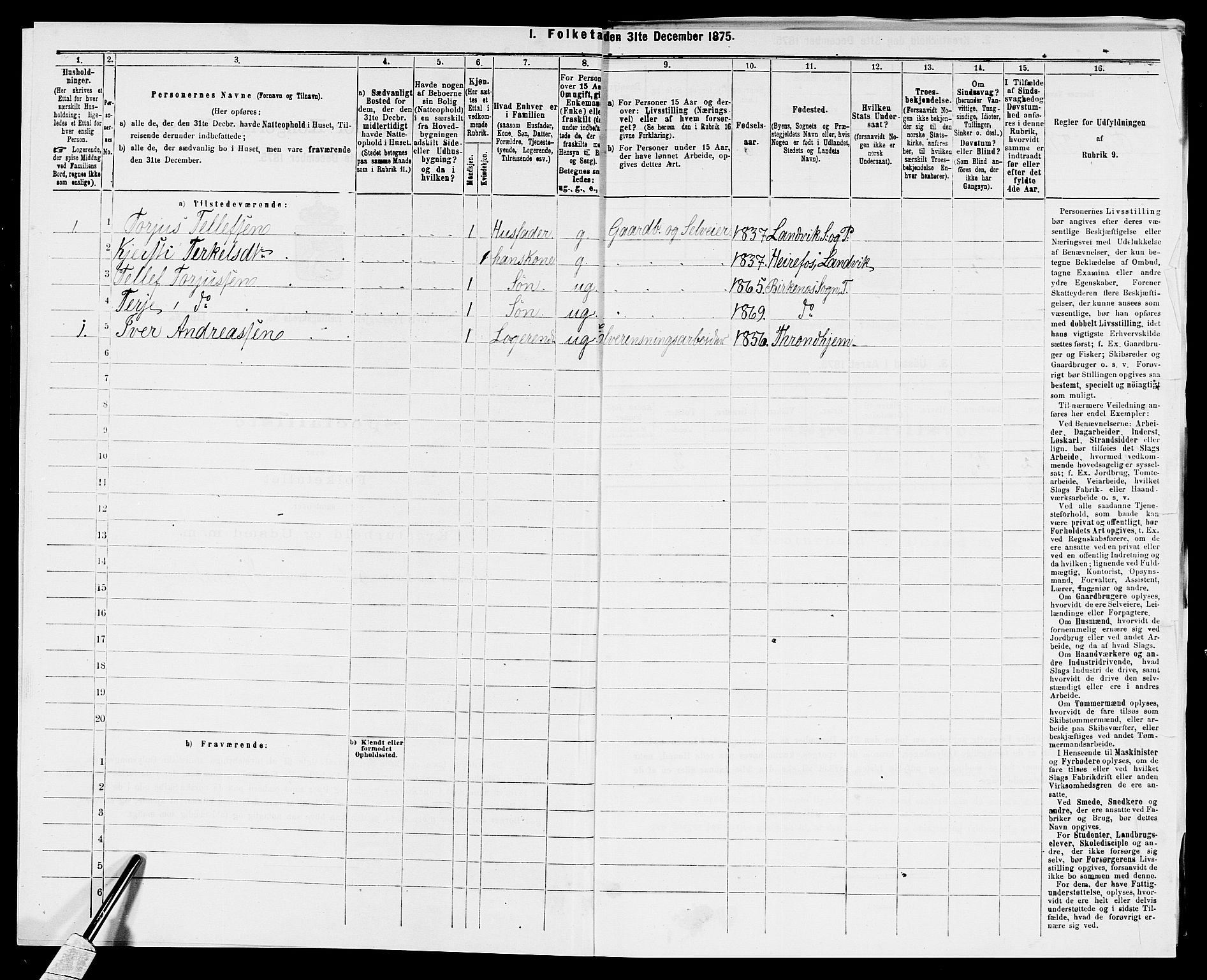 SAK, 1875 census for 1013P Tveit, 1875, p. 988