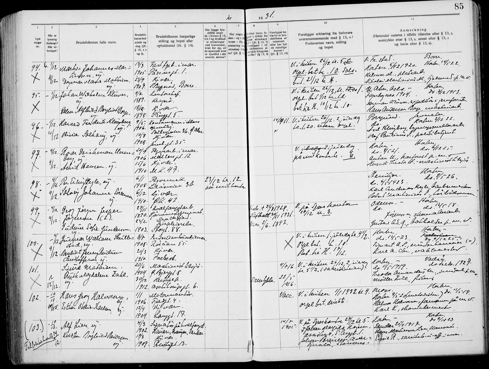 Horten kirkebøker, AV/SAKO-A-348/H/Ha/L0006: Banns register no. 6, 1920-1934, p. 85