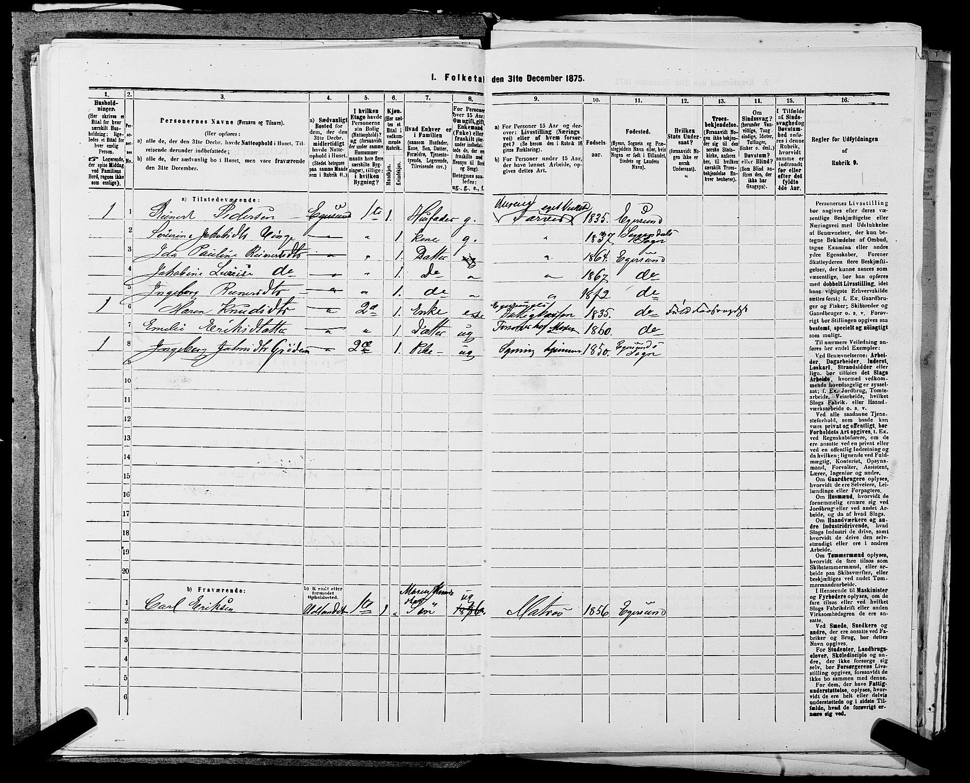 SAST, 1875 census for 1101B Eigersund parish, Egersund town, 1875, p. 356