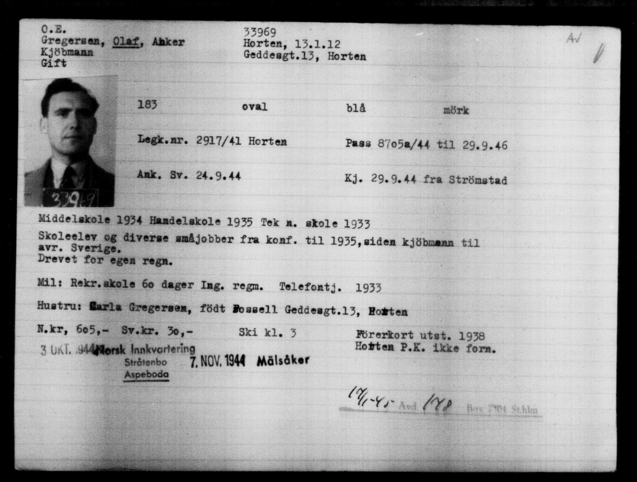 Utenriksstasjonene, Legasjonen i Stockholm, Flyktningkontoret, AV/RA-S-6753/V/Va/L0013: Kjesäterkartoteket, flyktninger med registreringsnr. 31500-34731, 1940-1945, p. 2607