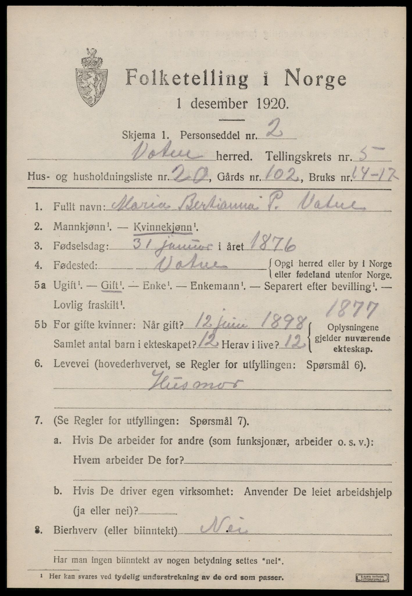 SAT, 1920 census for Vatne, 1920, p. 2414