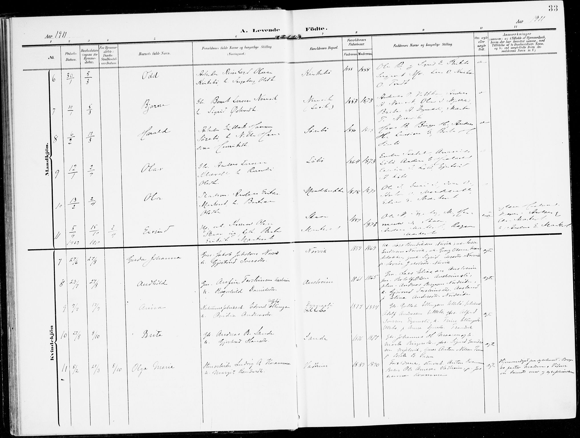 Lavik sokneprestembete, AV/SAB-A-80901: Parish register (official) no. C 2, 1904-1921, p. 33