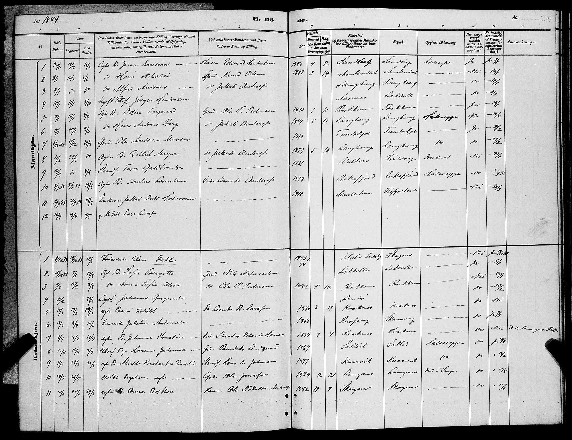 Lenvik sokneprestembete, SATØ/S-1310/H/Ha/Hab/L0006klokker: Parish register (copy) no. 6, 1881-1889, p. 227