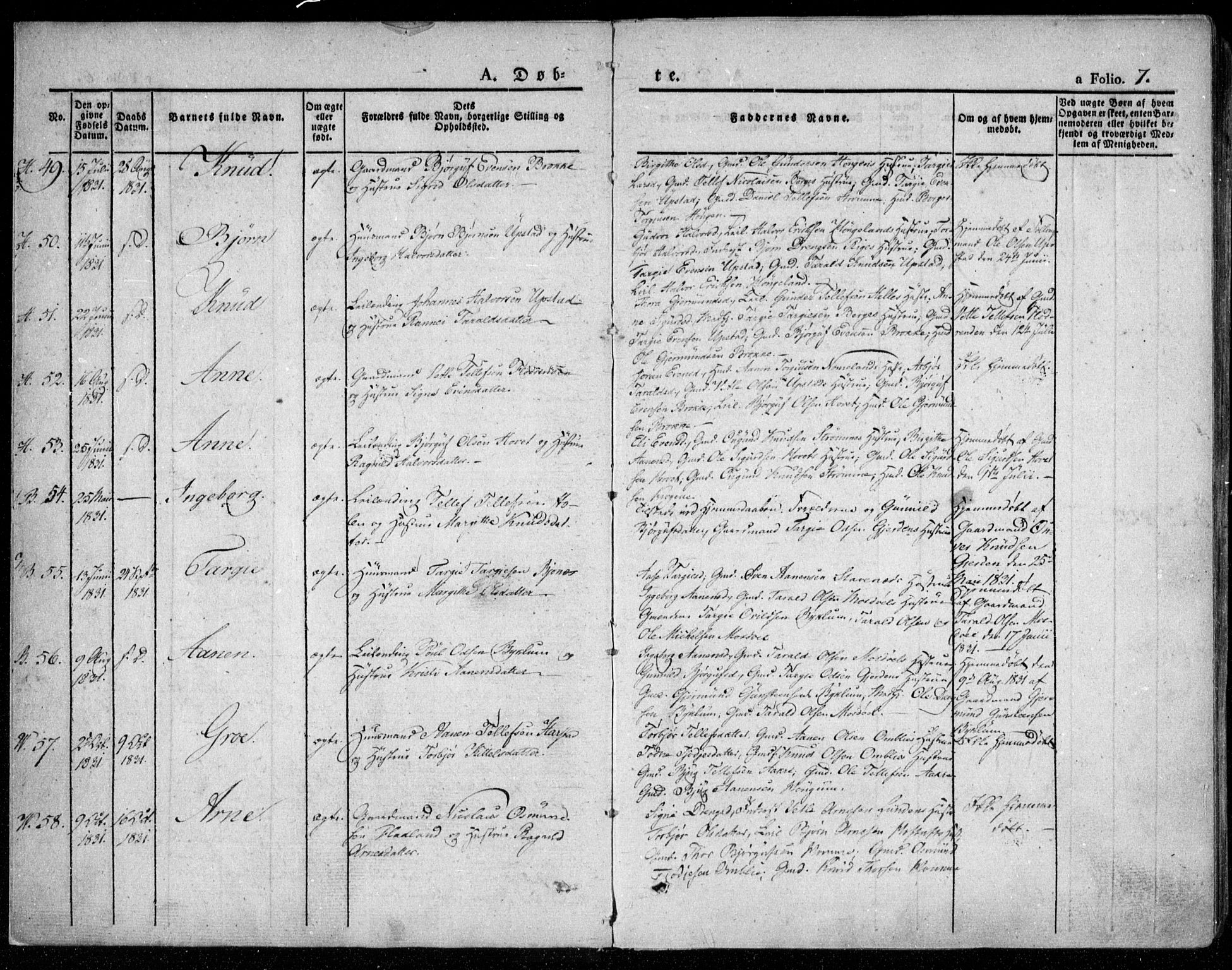 Valle sokneprestkontor, AV/SAK-1111-0044/F/Fa/Fac/L0006: Parish register (official) no. A 6, 1831-1853, p. 7