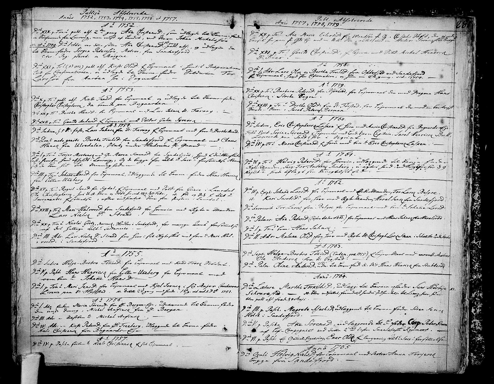 Sandar kirkebøker, AV/SAKO-A-243/F/Fa/L0002: Parish register (official) no. 2, 1733-1788, p. 281