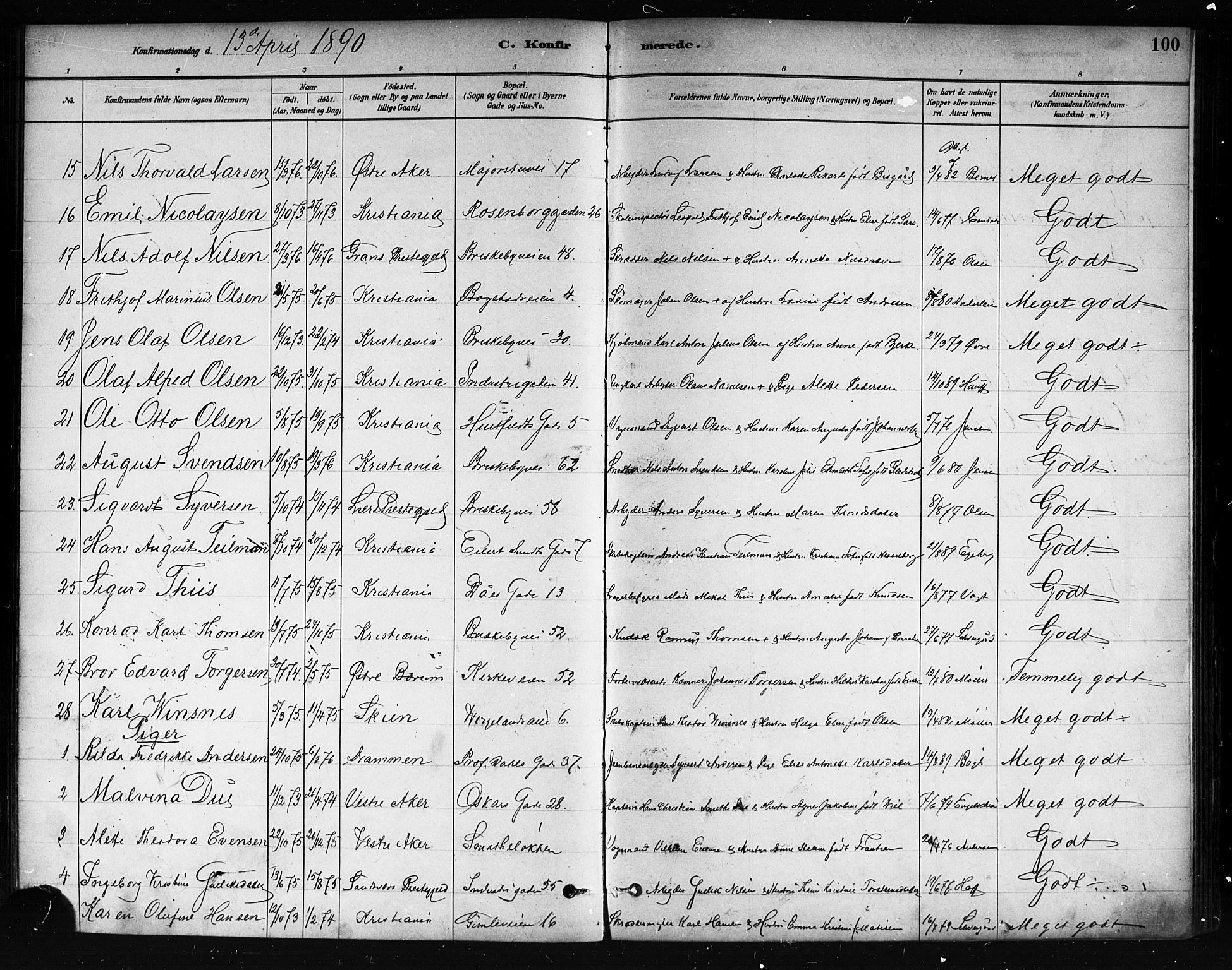 Uranienborg prestekontor Kirkebøker, SAO/A-10877/F/Fa/L0002: Parish register (official) no. 2, 1880-1896, p. 100