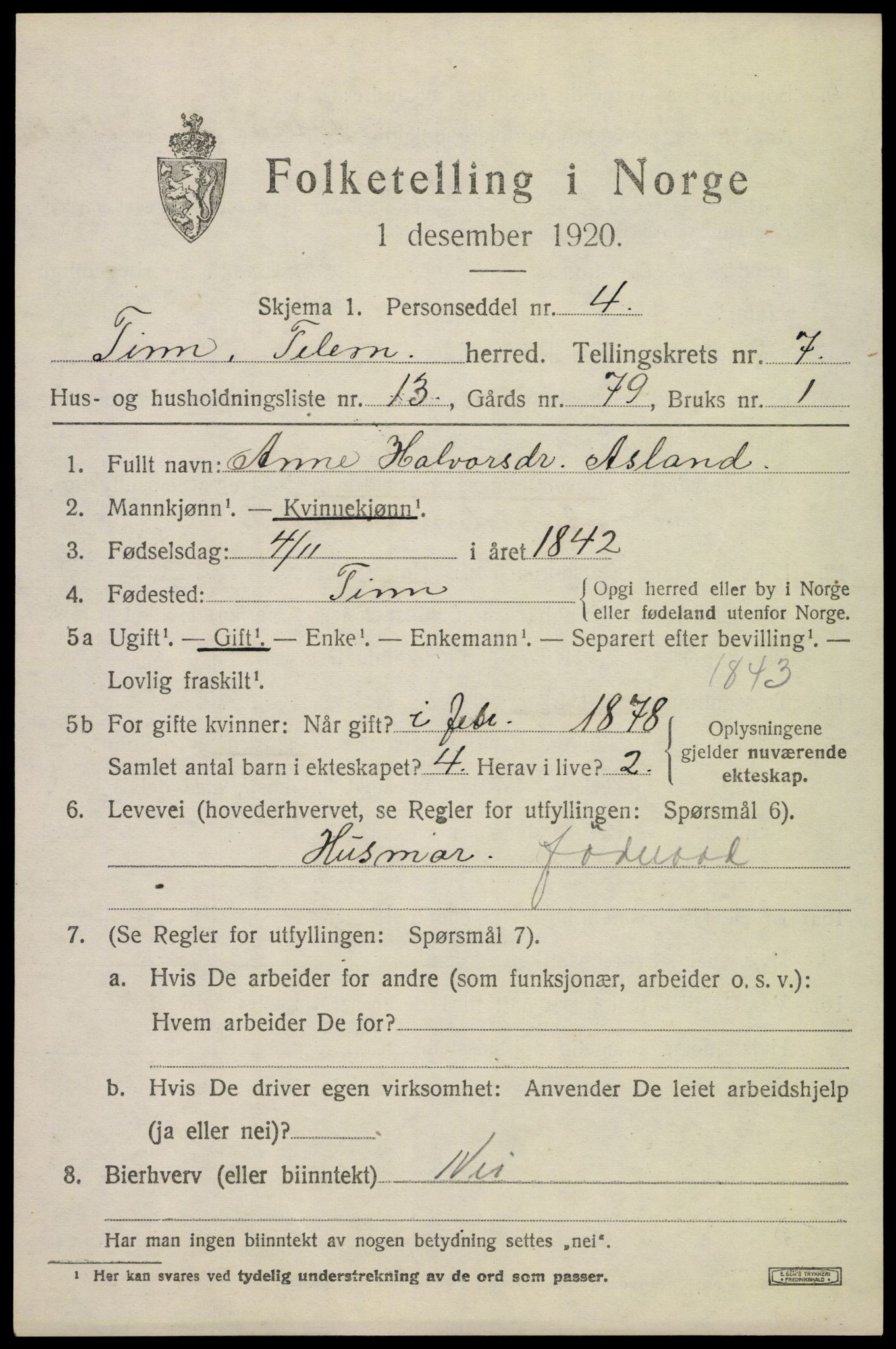 SAKO, 1920 census for Tinn, 1920, p. 4988