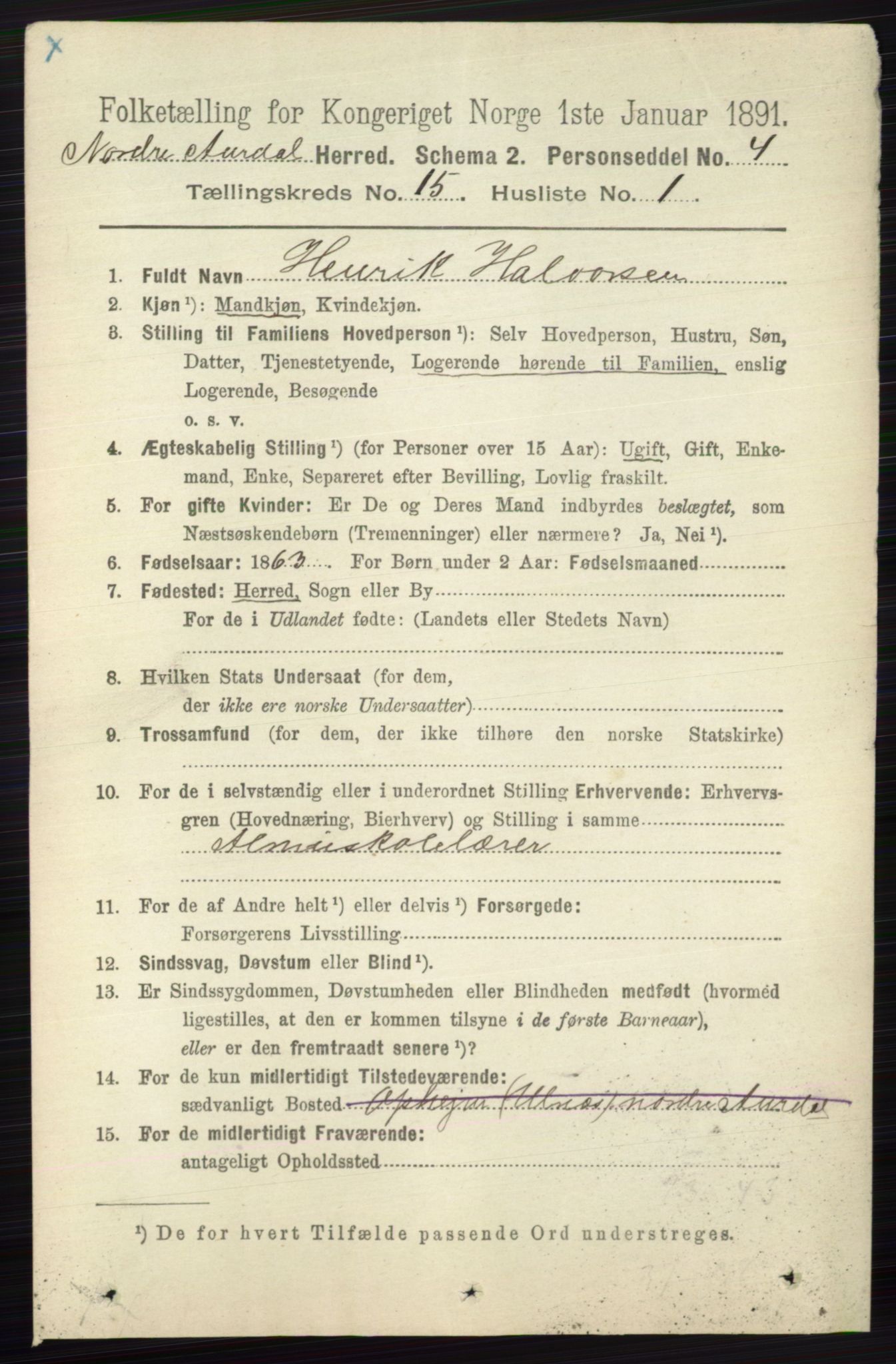 RA, 1891 census for 0542 Nord-Aurdal, 1891, p. 5744