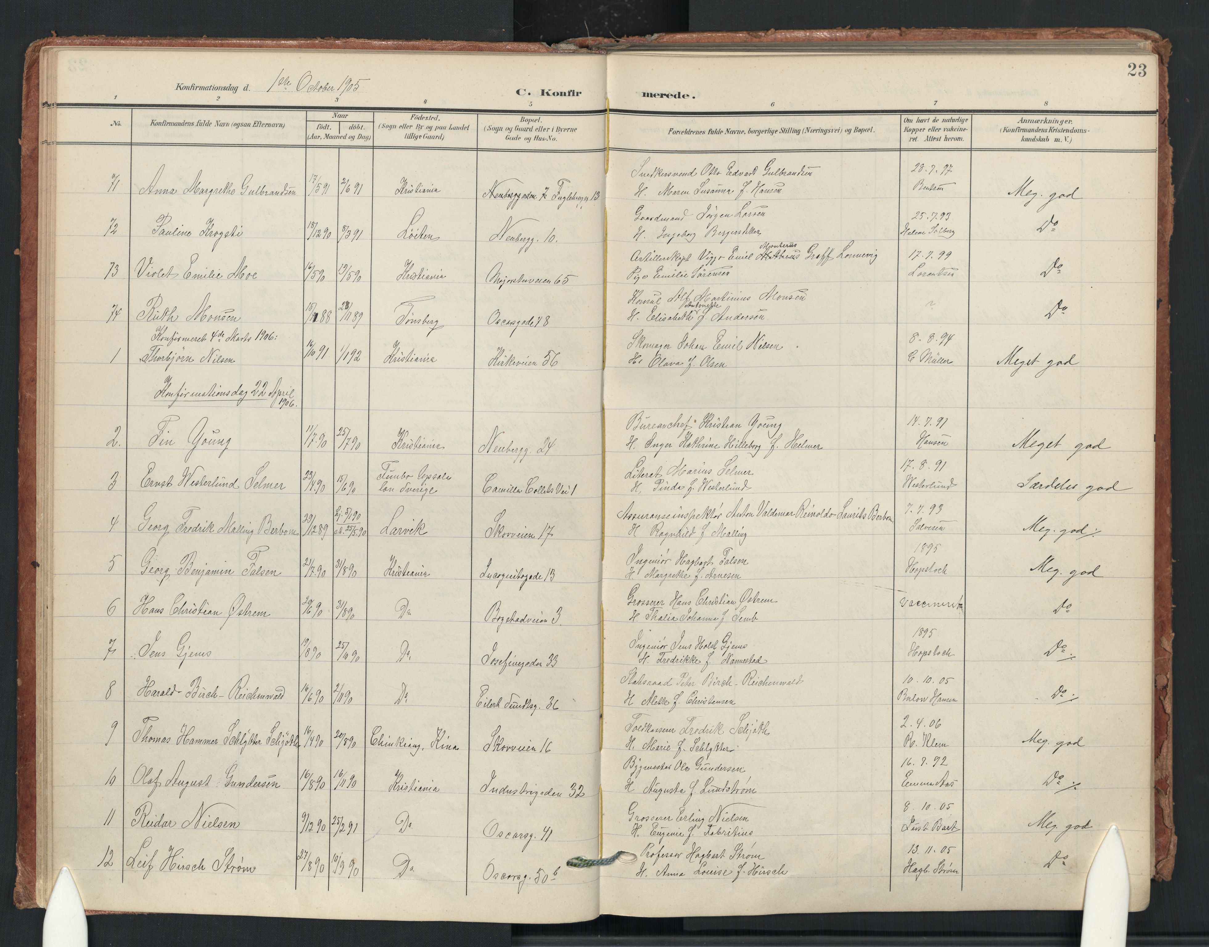 Uranienborg prestekontor Kirkebøker, AV/SAO-A-10877/F/Fa/L0009: Parish register (official) no. I 9, 1904-1919, p. 23