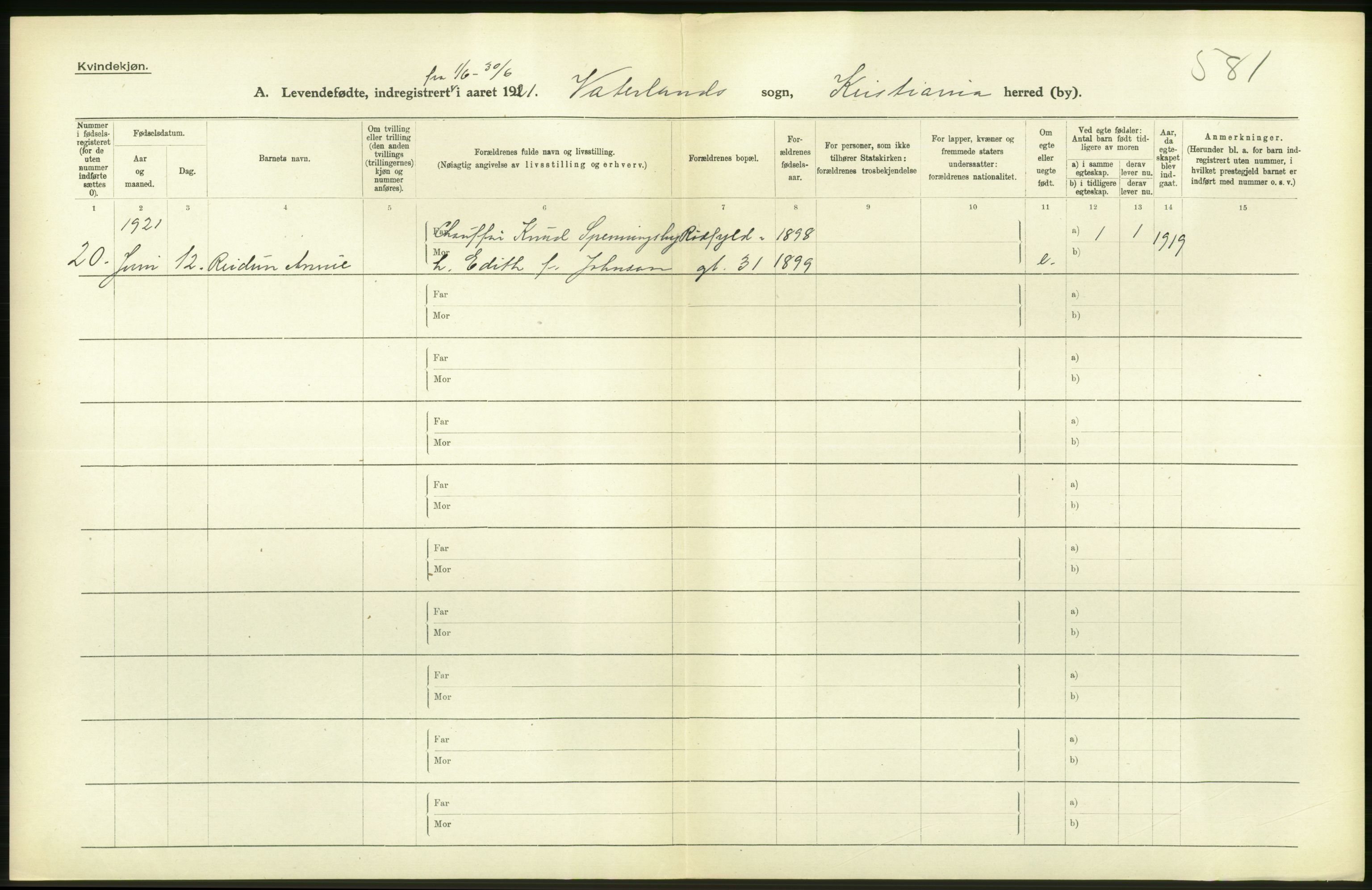 Statistisk sentralbyrå, Sosiodemografiske emner, Befolkning, RA/S-2228/D/Df/Dfc/Dfca/L0009: Kristiania: Levendefødte menn og kvinner., 1921, p. 266