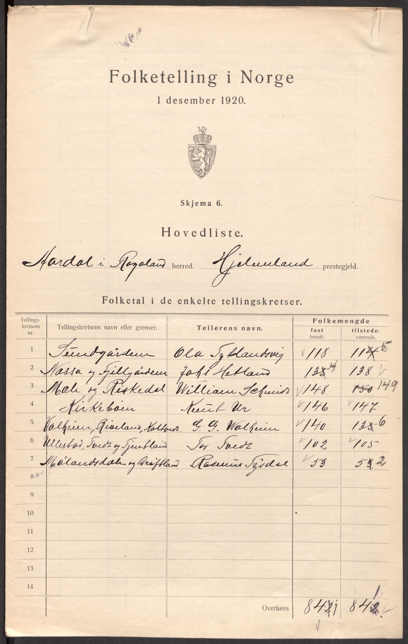 SAST, 1920 census for Årdal, 1920, p. 4