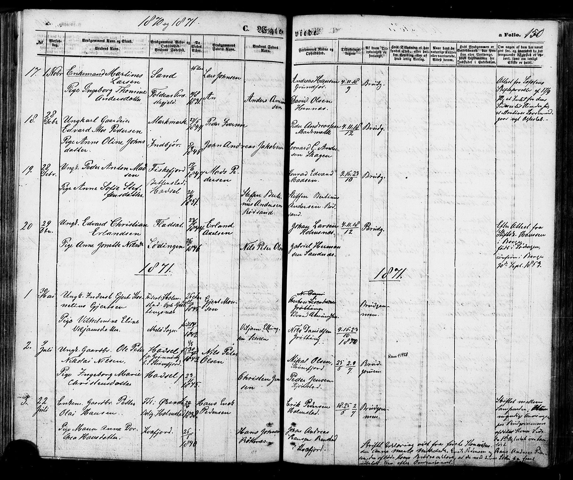 Ministerialprotokoller, klokkerbøker og fødselsregistre - Nordland, AV/SAT-A-1459/888/L1242: Parish register (official) no. 888A08, 1870-1875, p. 150