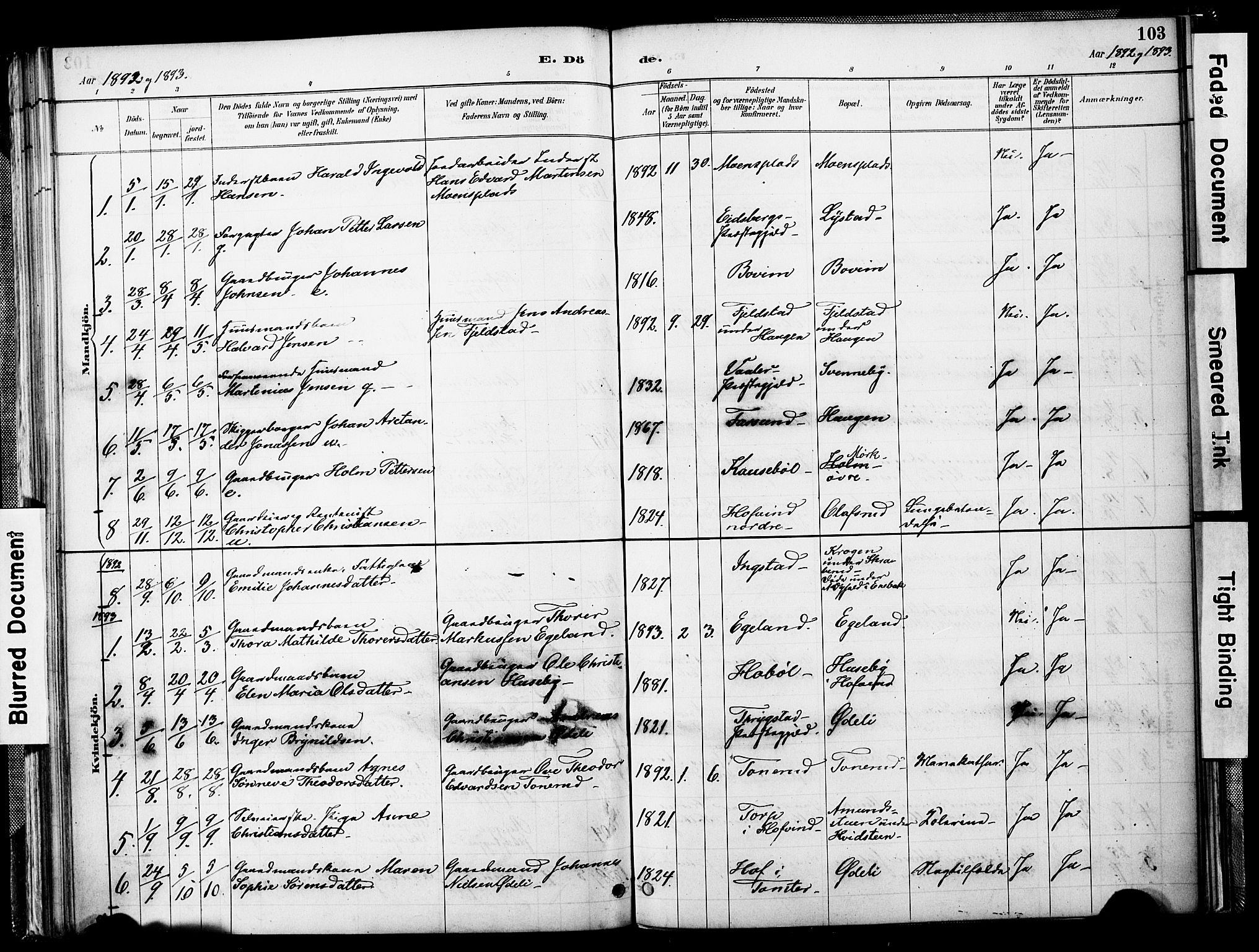 Spydeberg prestekontor Kirkebøker, SAO/A-10924/F/Fb/L0001: Parish register (official) no. II 1, 1886-1907, p. 103