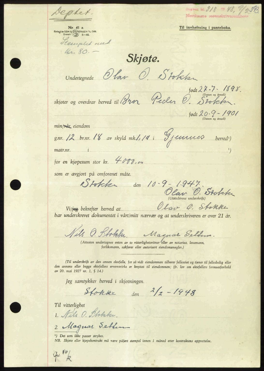 Nordmøre sorenskriveri, AV/SAT-A-4132/1/2/2Ca: Mortgage book no. A107, 1947-1948, Diary no: : 318/1948