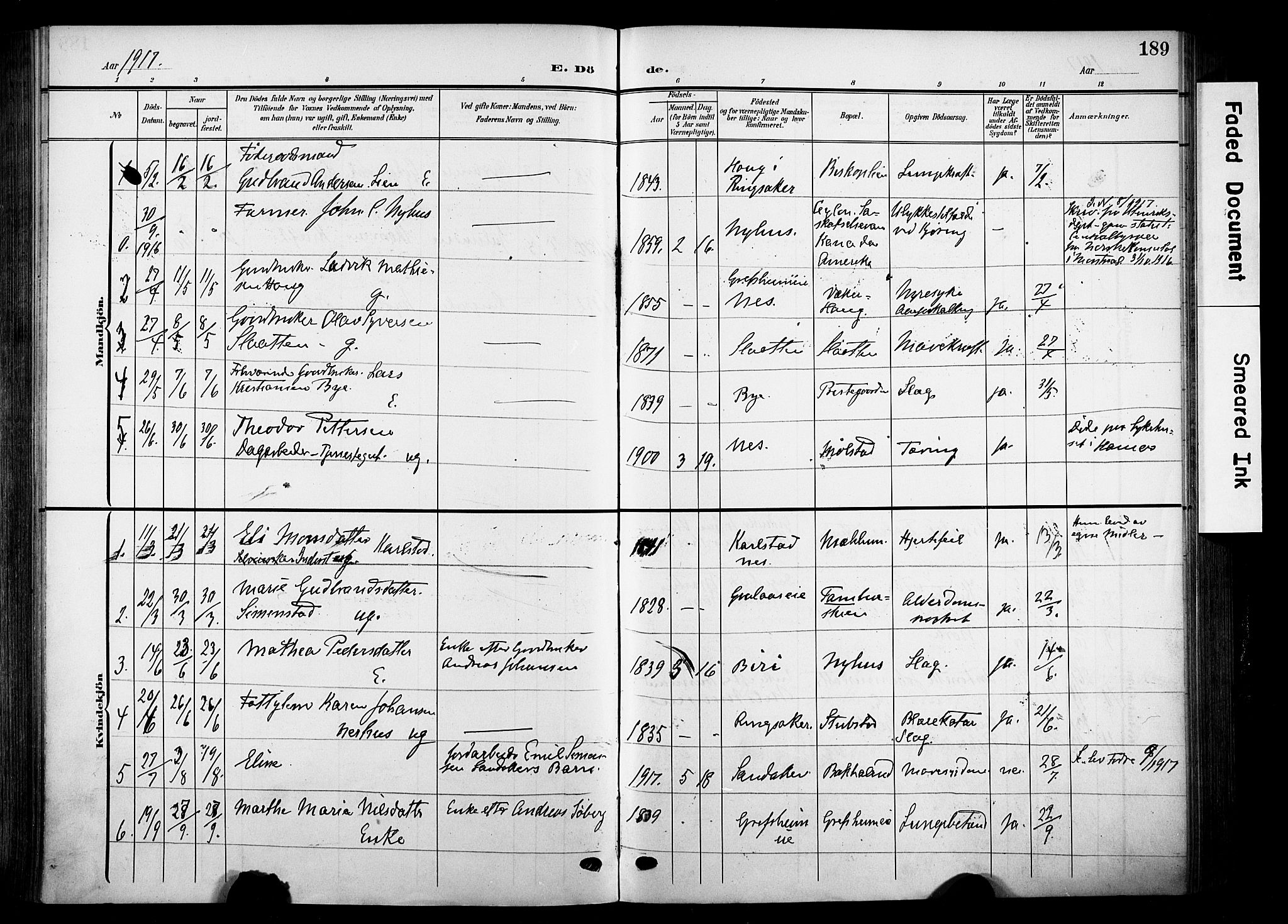 Nes prestekontor, Hedmark, SAH/PREST-020/K/Ka/L0014: Parish register (official) no. 14, 1906-1929, p. 189