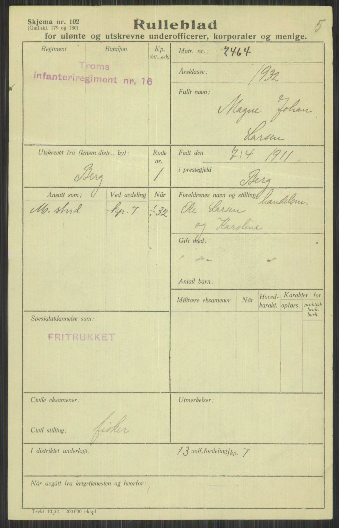 Forsvaret, Troms infanteriregiment nr. 16, AV/RA-RAFA-3146/P/Pa/L0016: Rulleblad for regimentets menige mannskaper, årsklasse 1932, 1932, p. 951