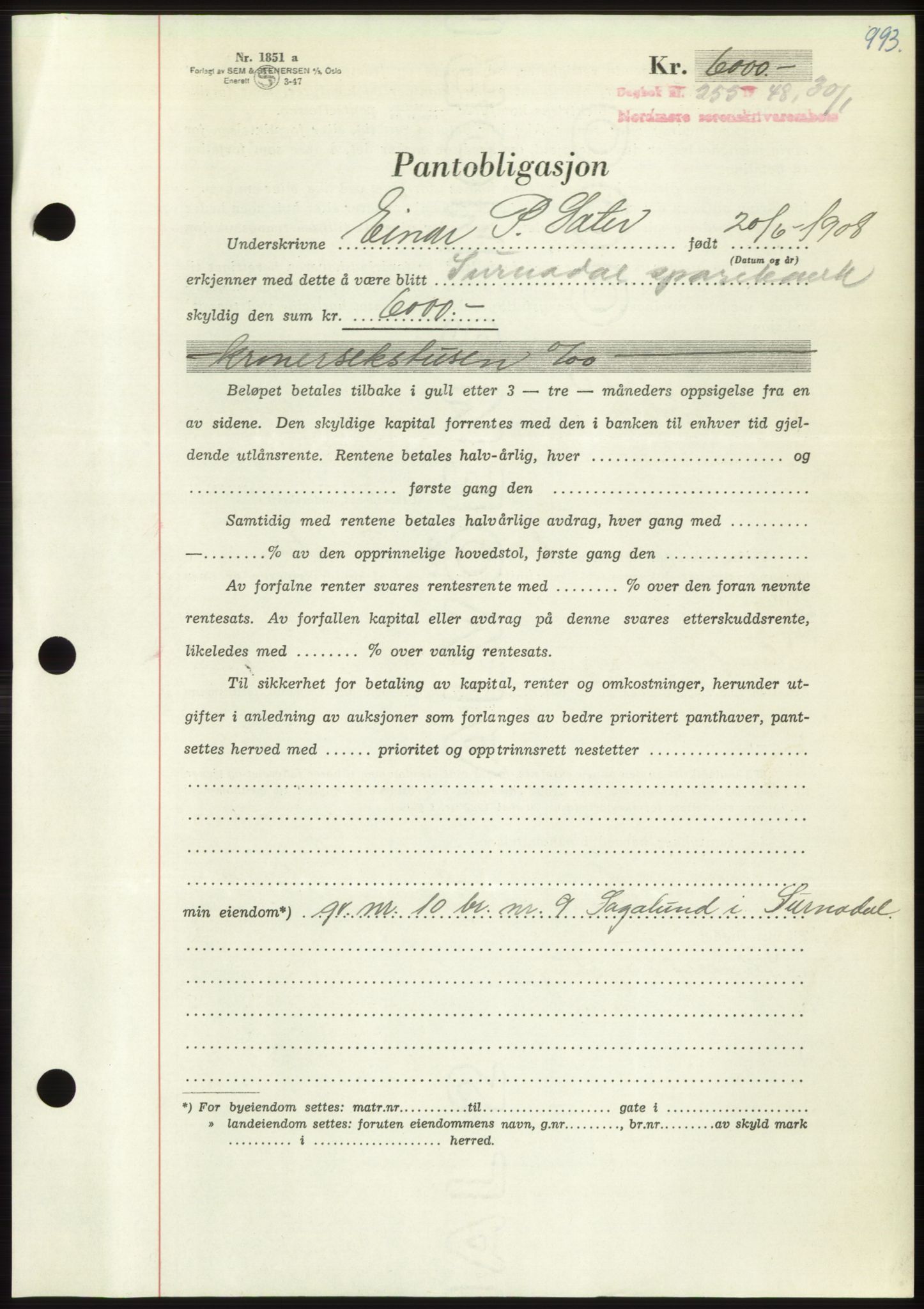 Nordmøre sorenskriveri, AV/SAT-A-4132/1/2/2Ca: Mortgage book no. B97, 1947-1948, Diary no: : 255/1948