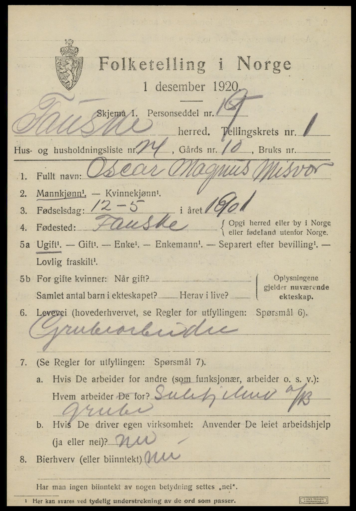 SAT, 1920 census for Fauske, 1920, p. 2894