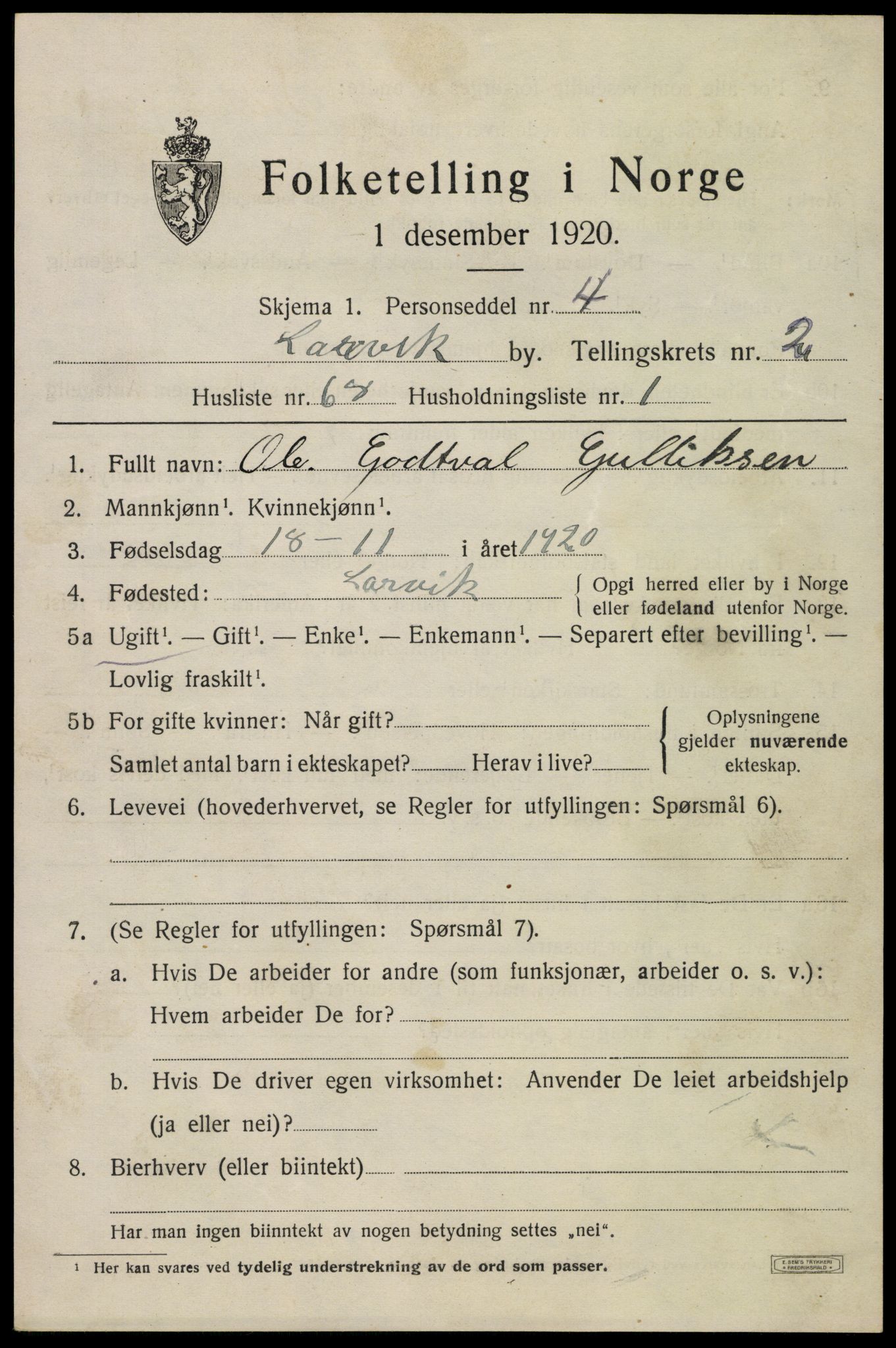 SAKO, 1920 census for Larvik, 1920, p. 11322