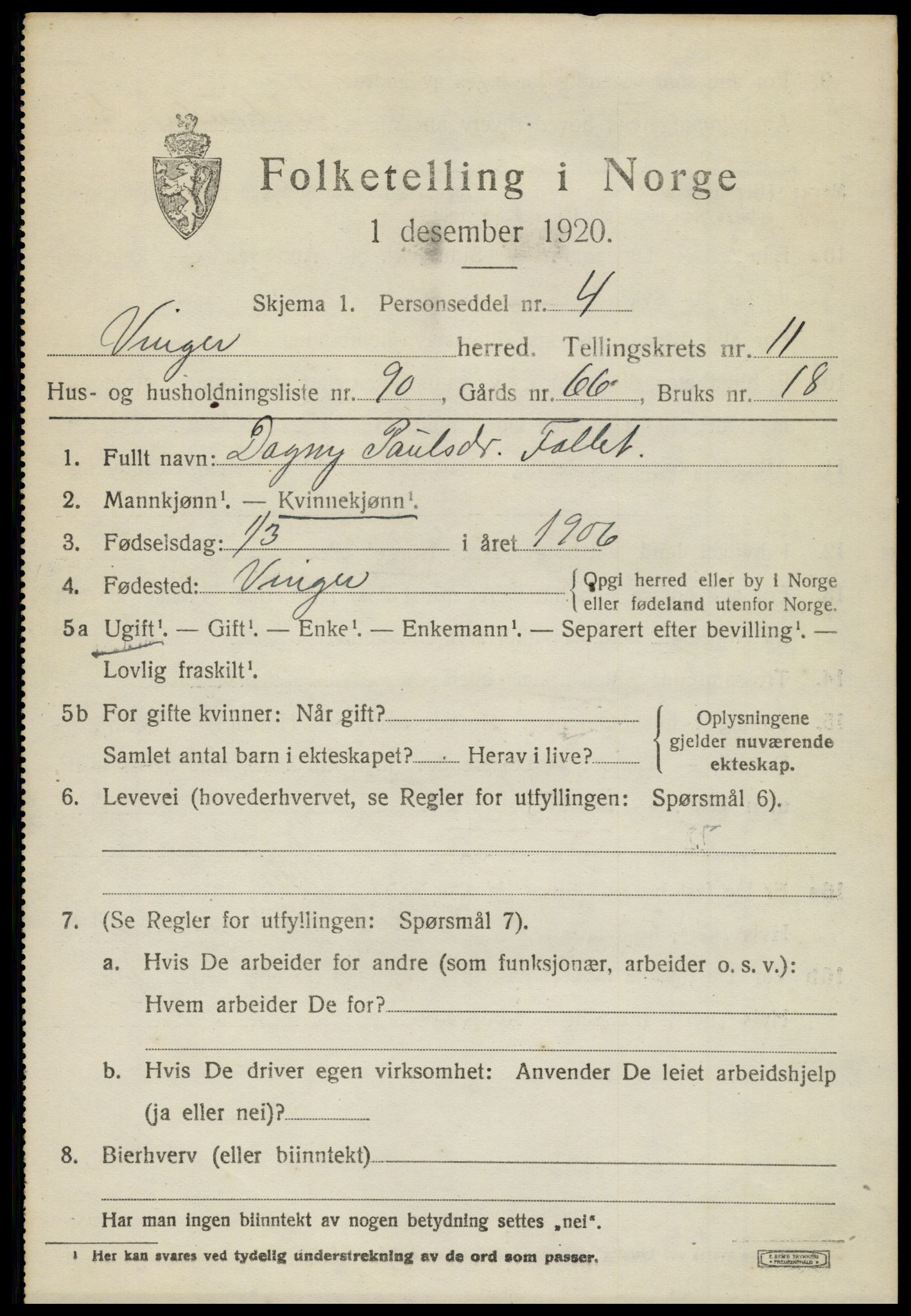 SAH, 1920 census for Vinger, 1920, p. 10030