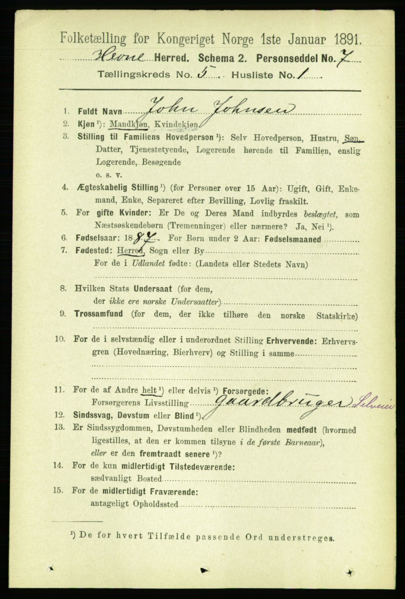 RA, 1891 census for 1612 Hemne, 1891, p. 2486