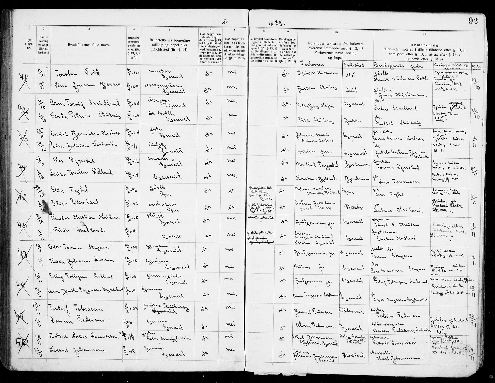 Eigersund sokneprestkontor, AV/SAST-A-101807/S27/L0003: Banns register no. 3, 1919-1939, p. 92