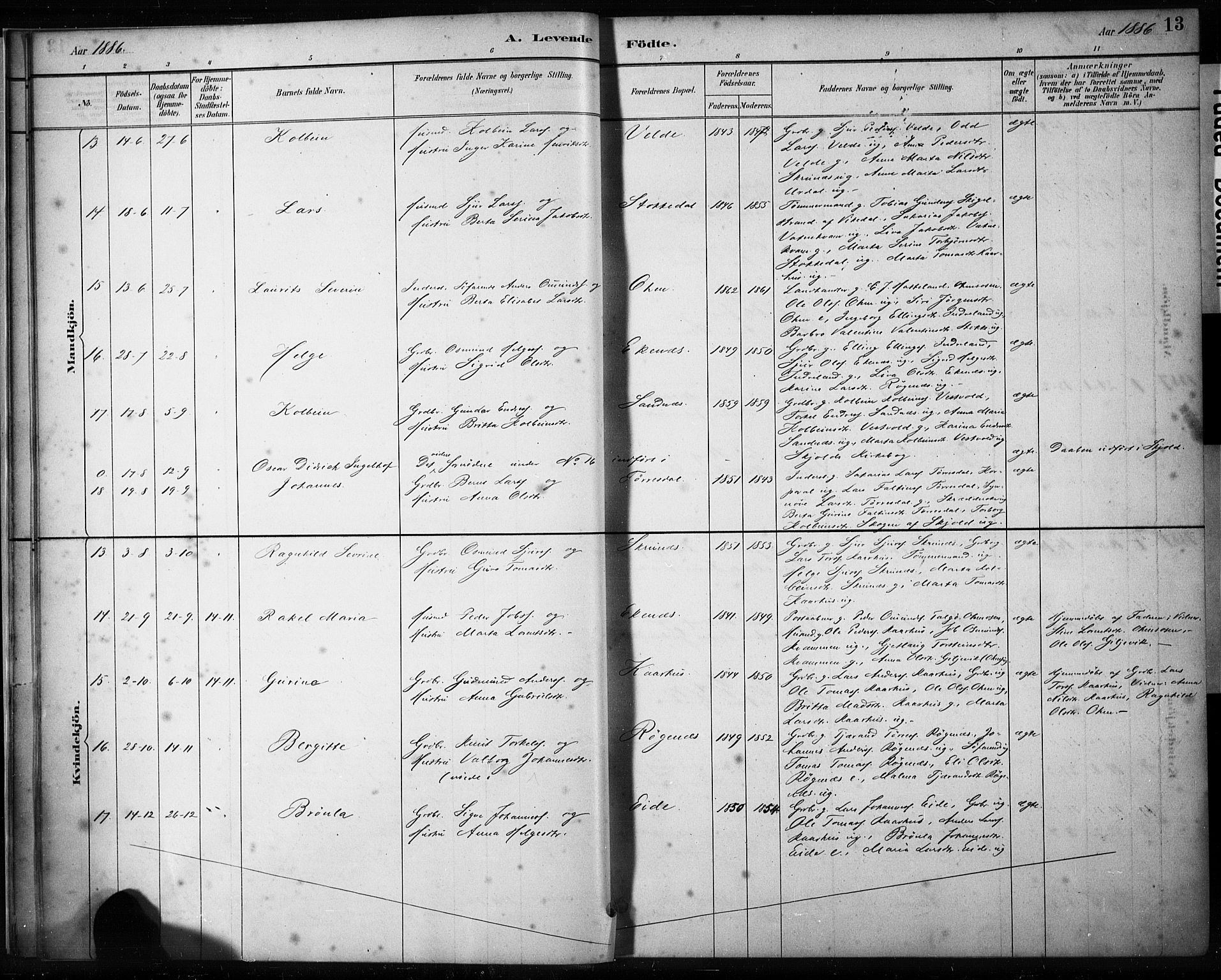 Skjold sokneprestkontor, AV/SAST-A-101847/H/Ha/Haa/L0009: Parish register (official) no. A 9, 1882-1898, p. 13