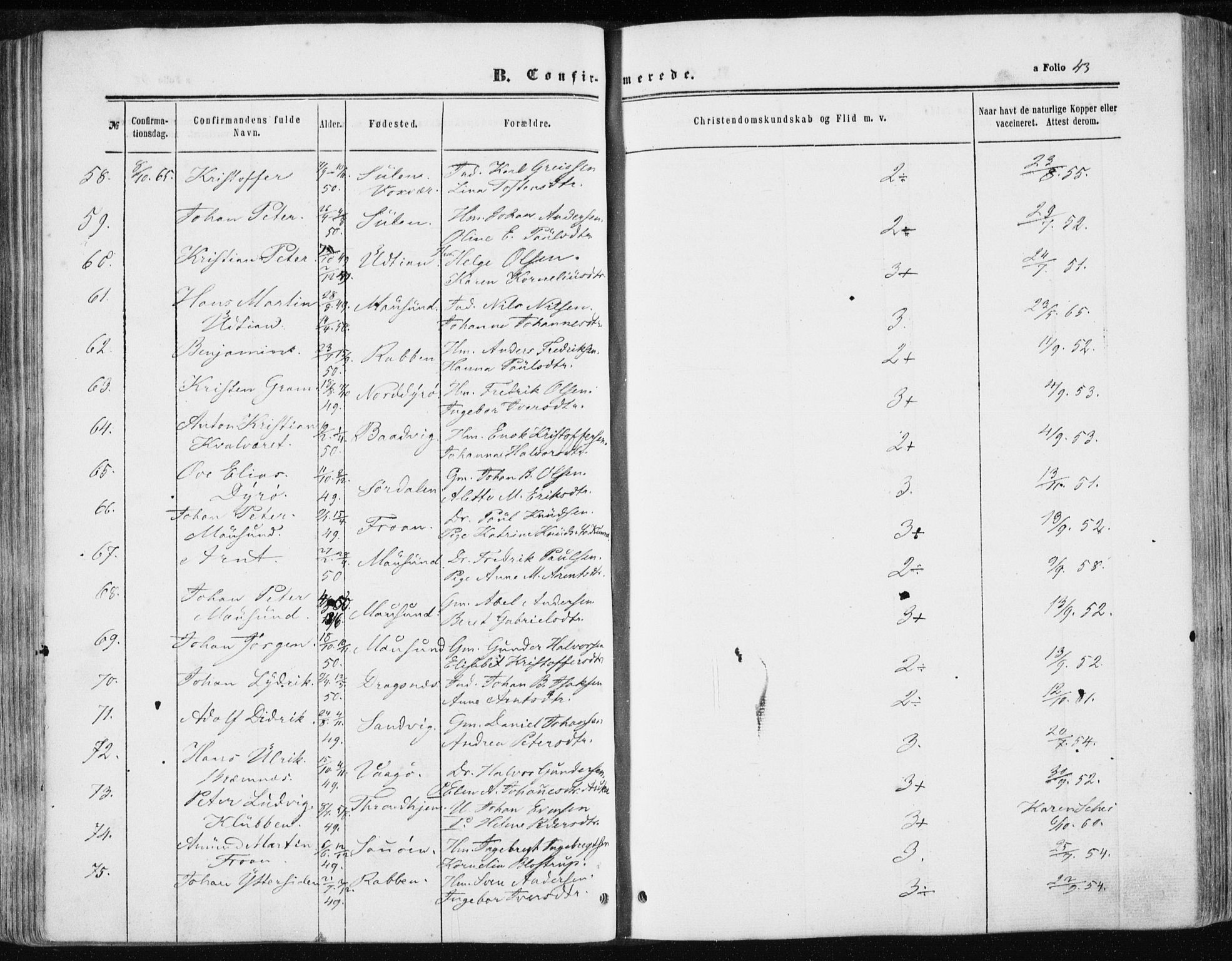 Ministerialprotokoller, klokkerbøker og fødselsregistre - Sør-Trøndelag, AV/SAT-A-1456/634/L0531: Parish register (official) no. 634A07, 1861-1870, p. 43