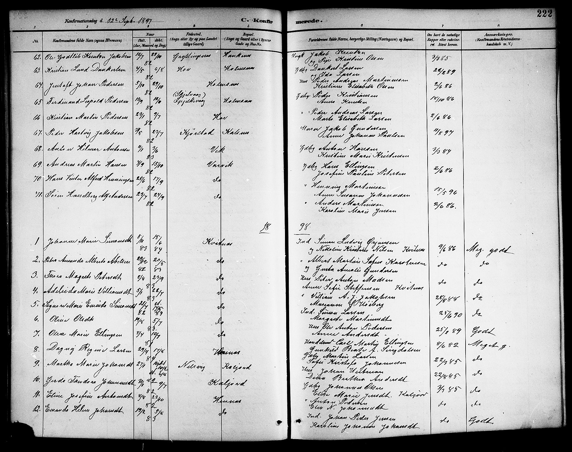 Ministerialprotokoller, klokkerbøker og fødselsregistre - Nordland, AV/SAT-A-1459/888/L1268: Parish register (copy) no. 888C06, 1891-1908, p. 222