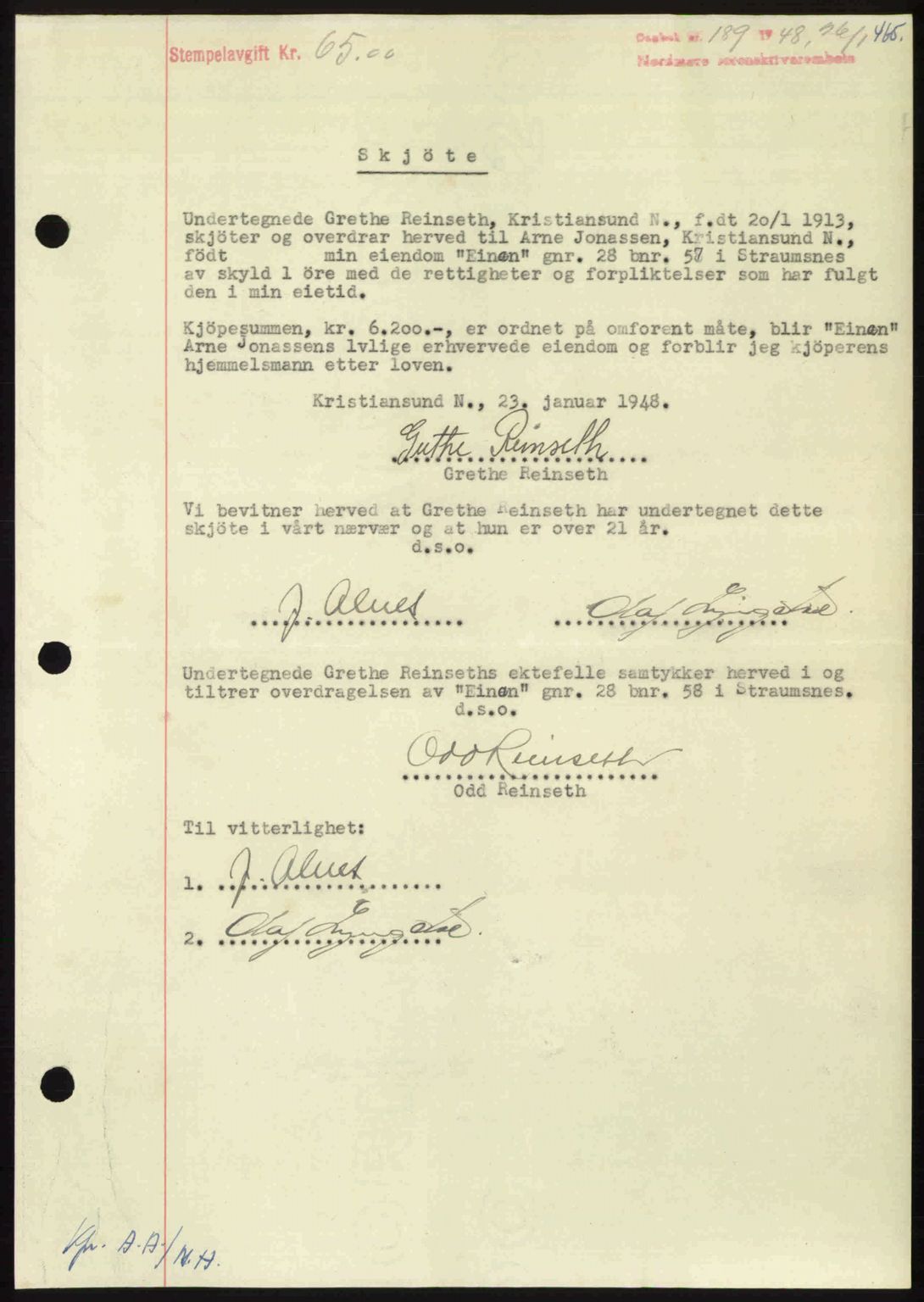 Nordmøre sorenskriveri, AV/SAT-A-4132/1/2/2Ca: Mortgage book no. A107, 1947-1948, Diary no: : 189/1948