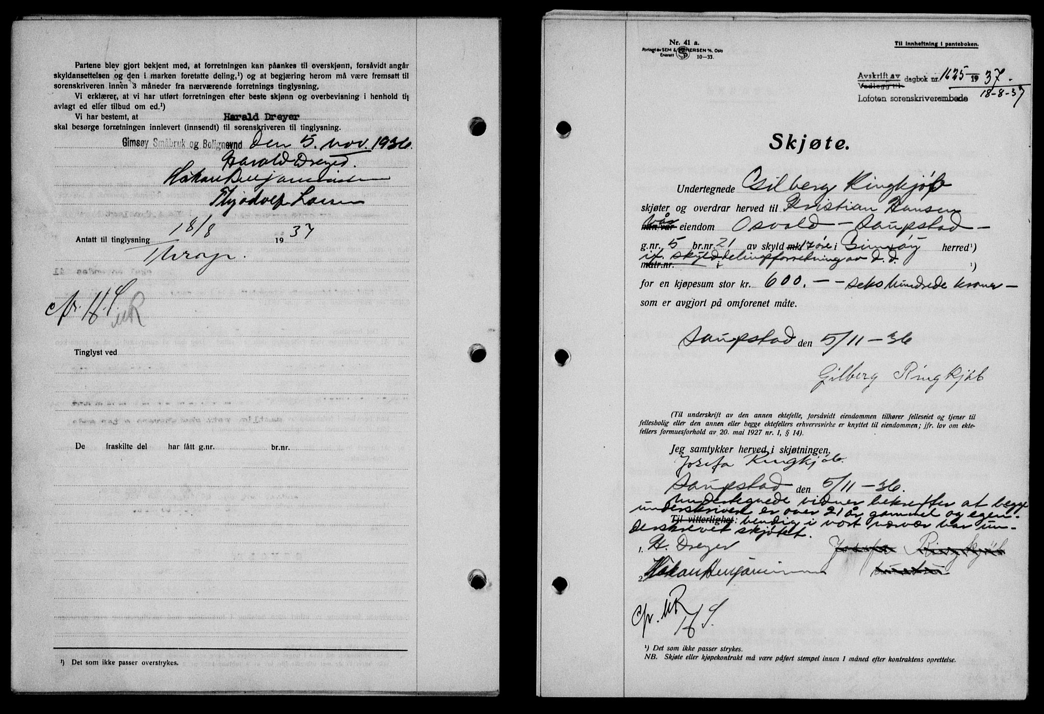 Lofoten sorenskriveri, SAT/A-0017/1/2/2C/L0002a: Mortgage book no. 2a, 1937-1937, Diary no: : 1625/1937