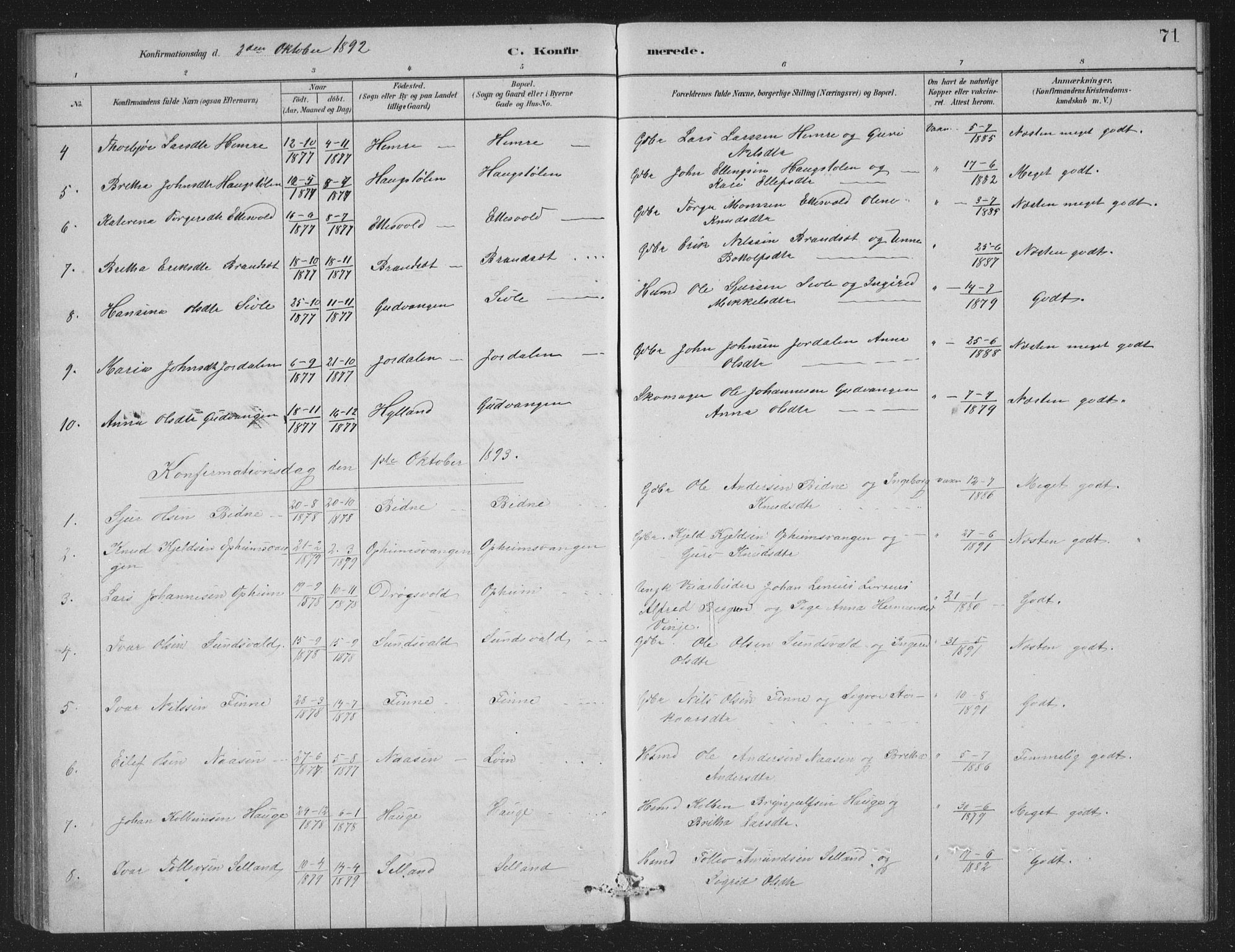 Vossestrand Sokneprestembete, SAB/A-79101/H/Hab: Parish register (copy) no. A 2, 1880-1902, p. 71