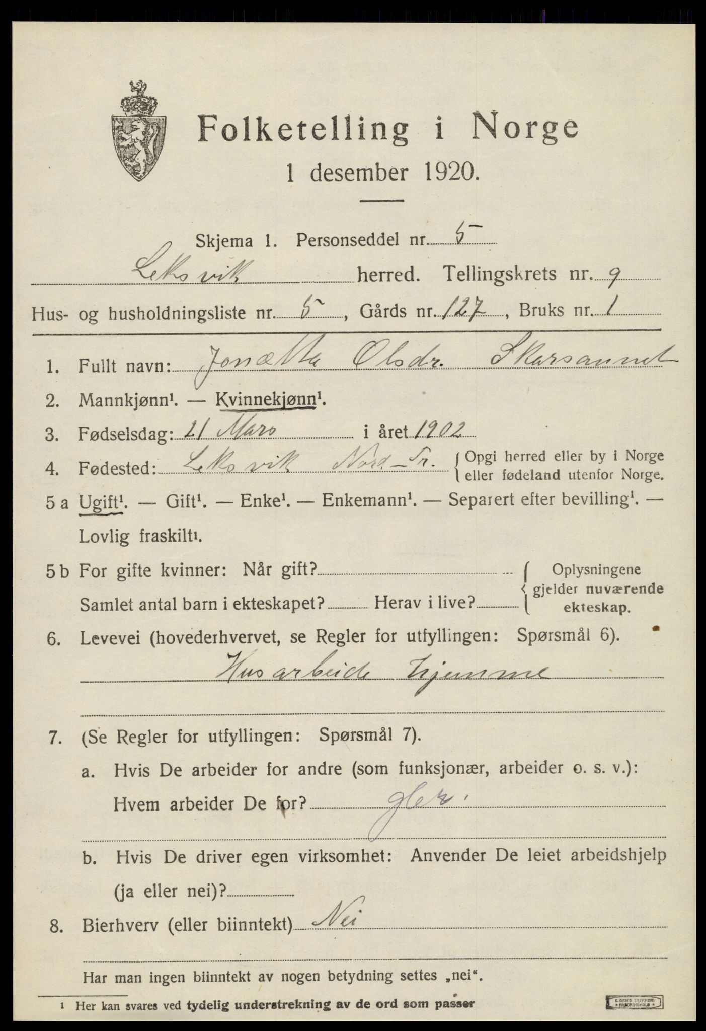 SAT, 1920 census for Leksvik, 1920, p. 6948
