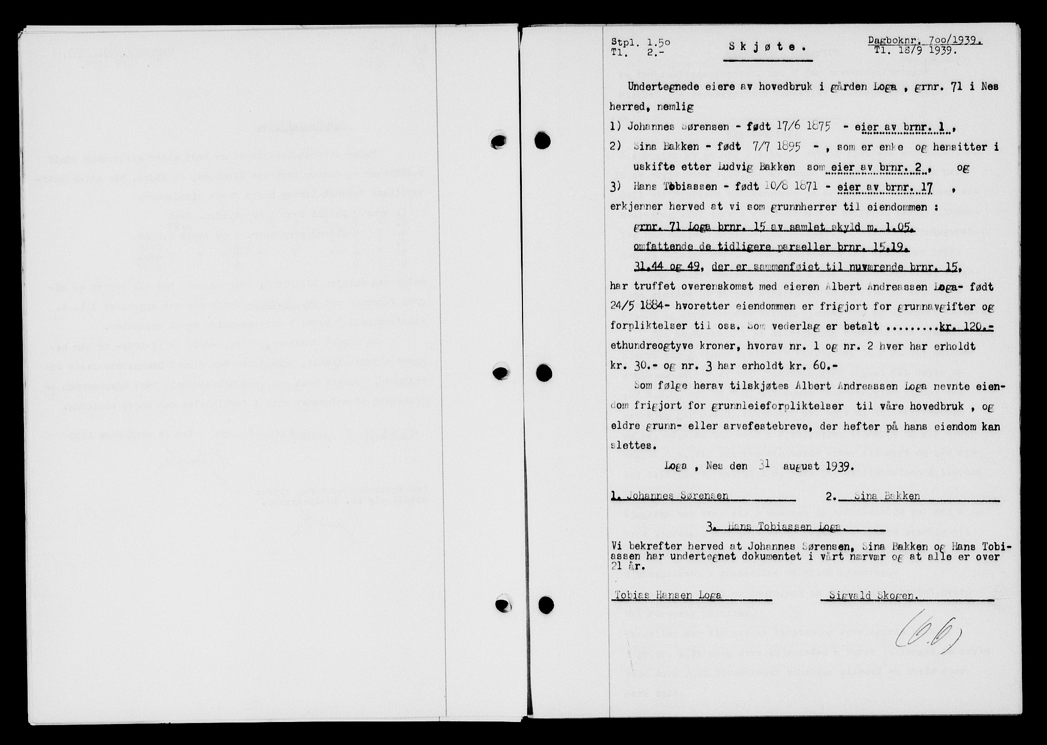 Flekkefjord sorenskriveri, AV/SAK-1221-0001/G/Gb/Gba/L0055: Mortgage book no. A-3, 1939-1939, Diary no: : 700/1939