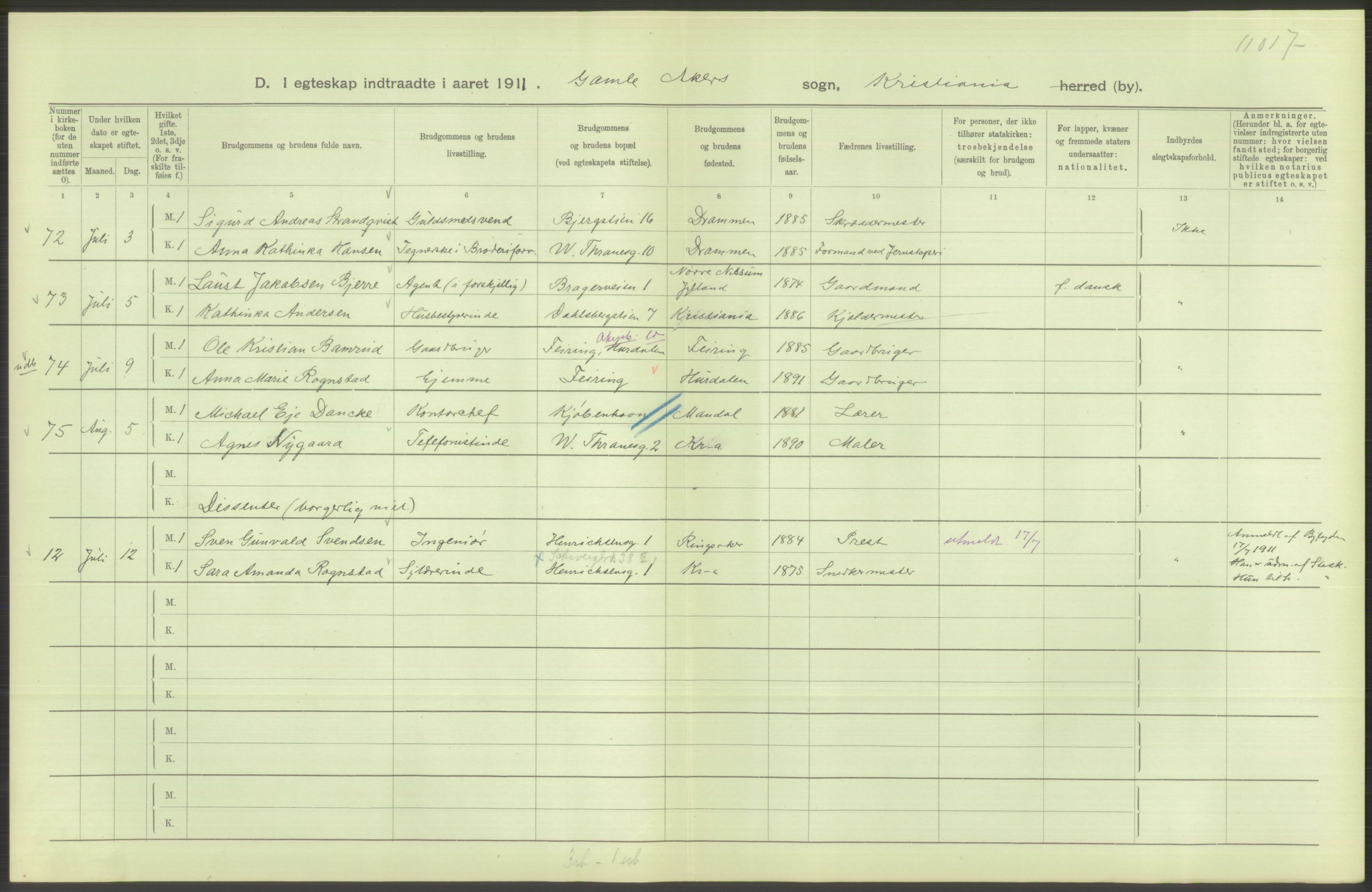 Statistisk sentralbyrå, Sosiodemografiske emner, Befolkning, AV/RA-S-2228/D/Df/Dfb/Dfba/L0008: Kristiania: Gifte, 1911, p. 638