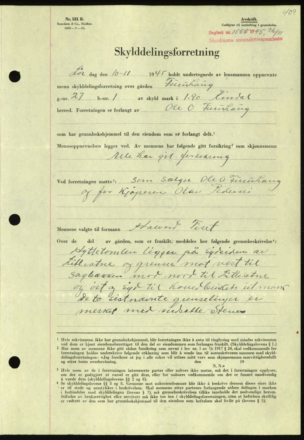 Nordmøre sorenskriveri, AV/SAT-A-4132/1/2/2Ca: Mortgage book no. A100a, 1945-1945, Diary no: : 1555/1945