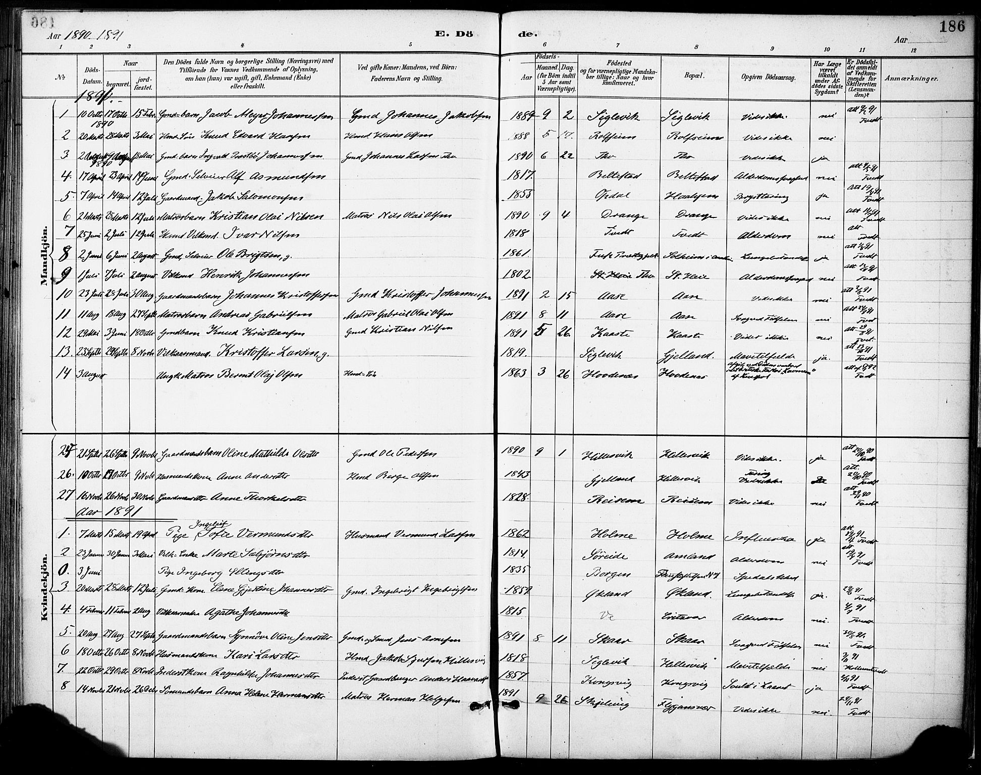 Tysnes sokneprestembete, AV/SAB-A-78601/H/Haa: Parish register (official) no. D 1, 1887-1904, p. 186